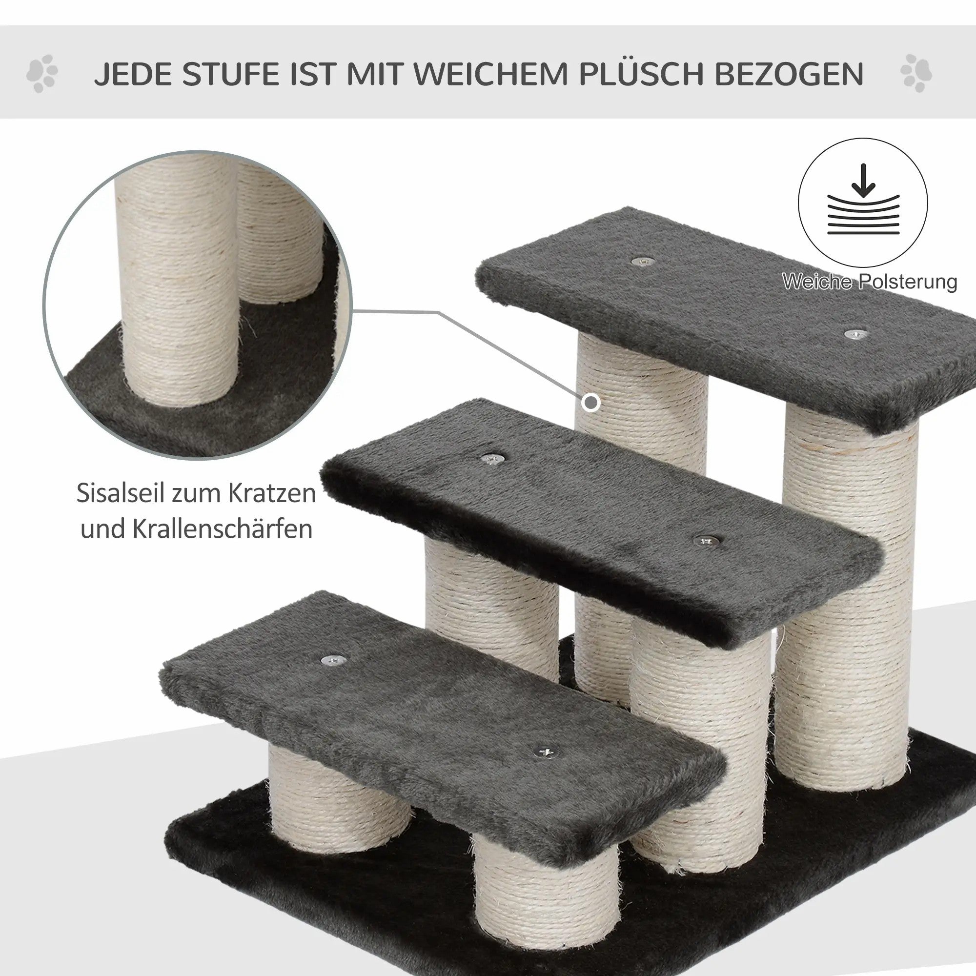 Haustiertreppe 3-stufig für einfachen Ein- und Ausstieg Plüsch Dunkelgrau