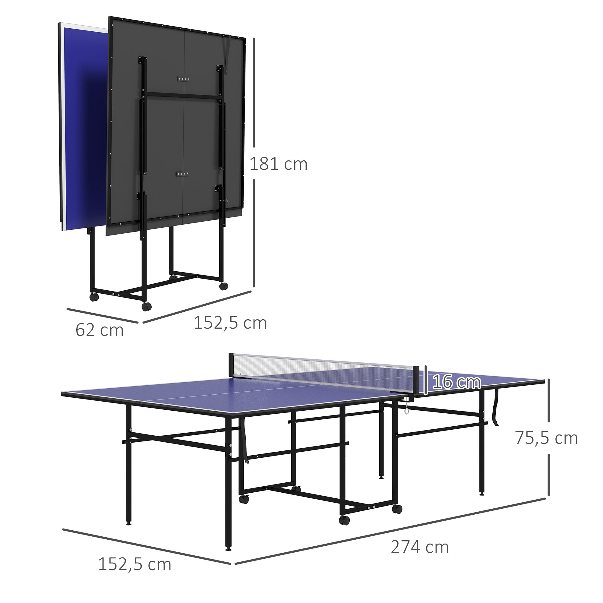 Sportnow table tennis table folding with wheels outdoor indoor steel blue