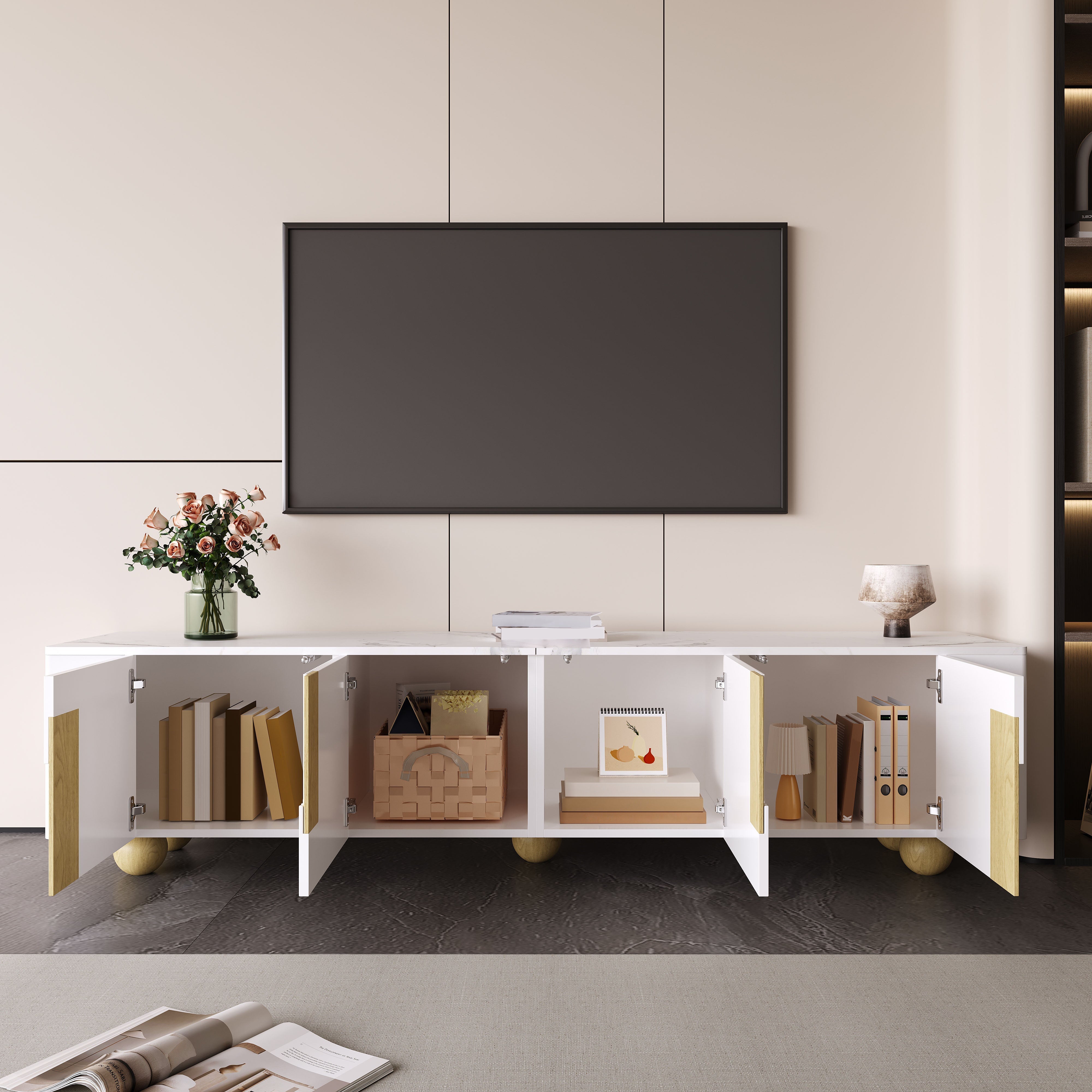 TV Cabinet 180cm 4 Doors Marble-Effect Spherical Feet, White