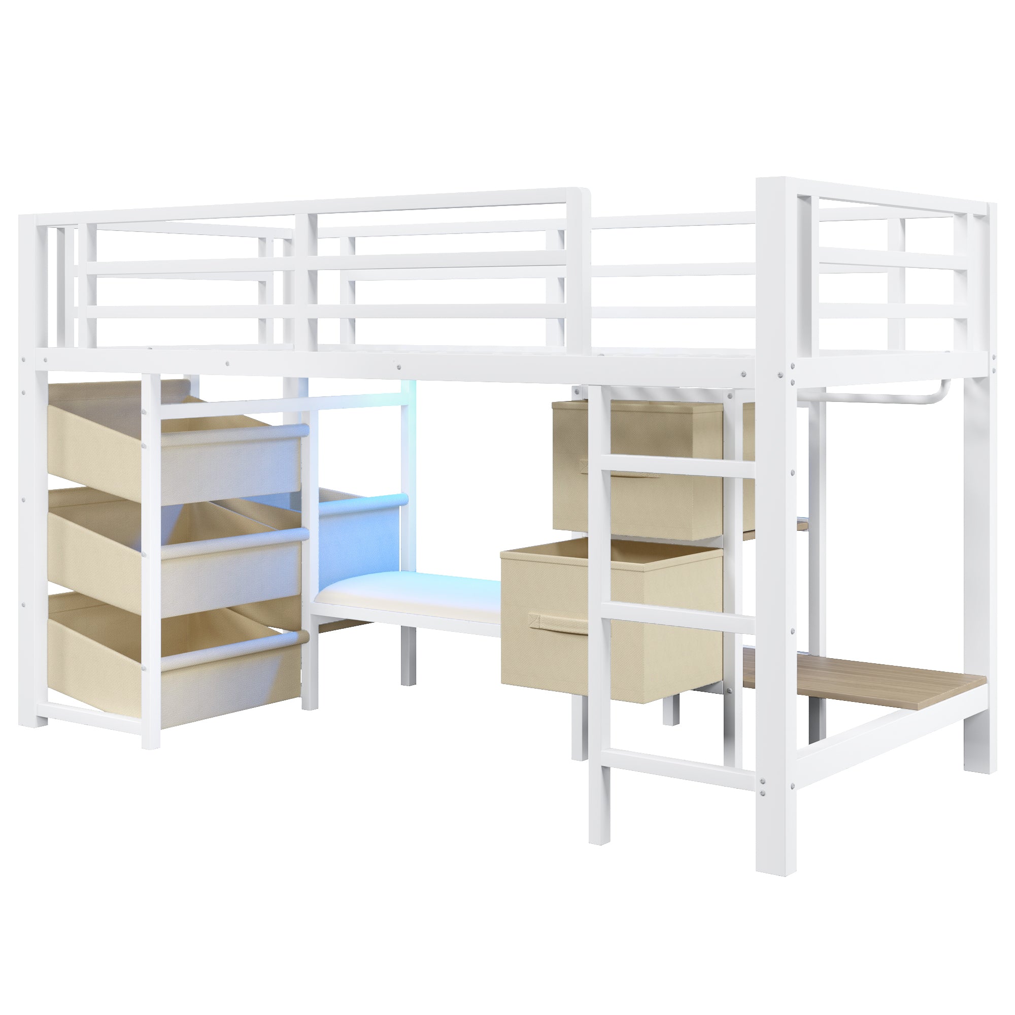 Mid-Height Bed with Storage Drawer and LED Lighting, 90x200 cm, Metal, White