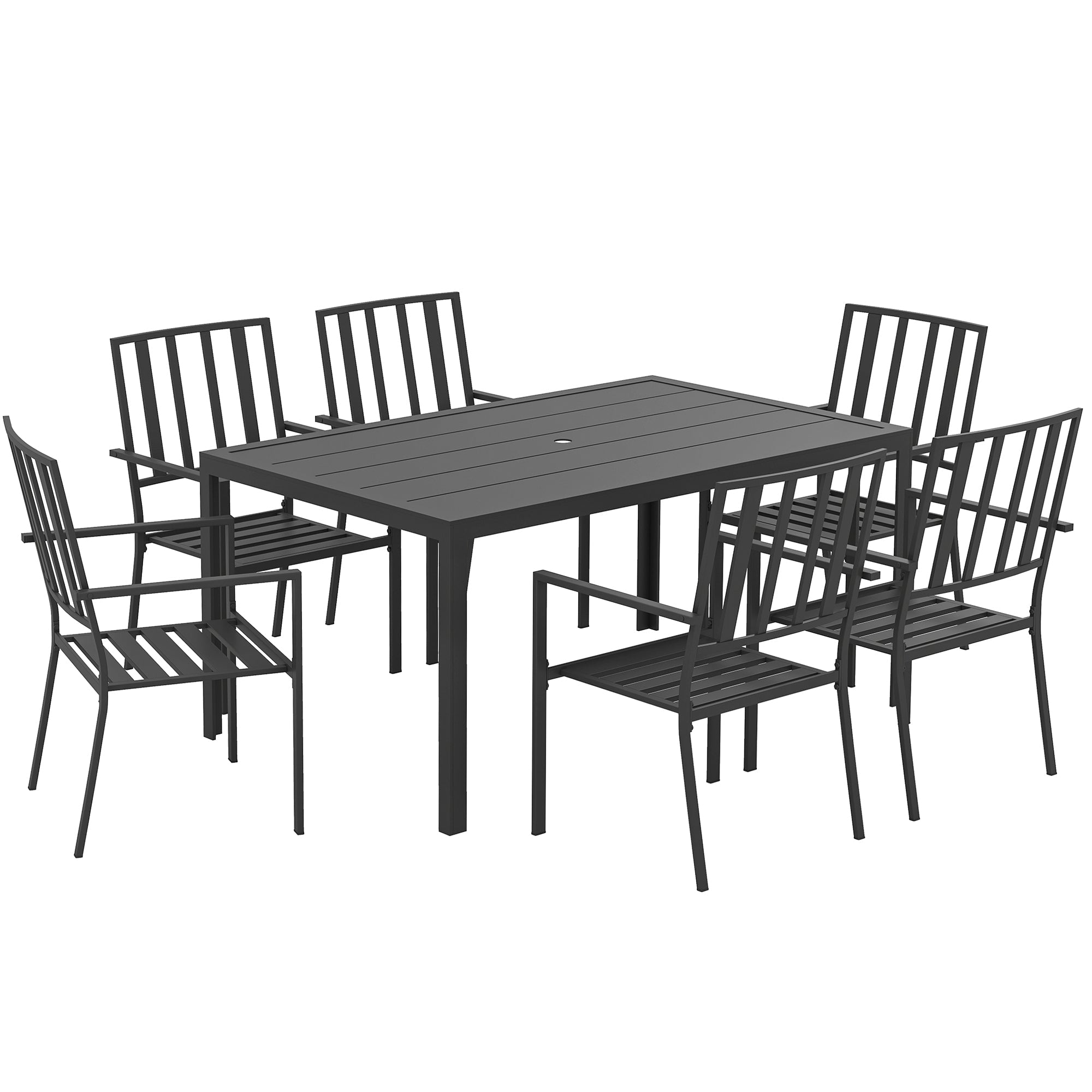 Seven-Piece Garden Dining Set with Parasol Hole - Minimal Metal, Black