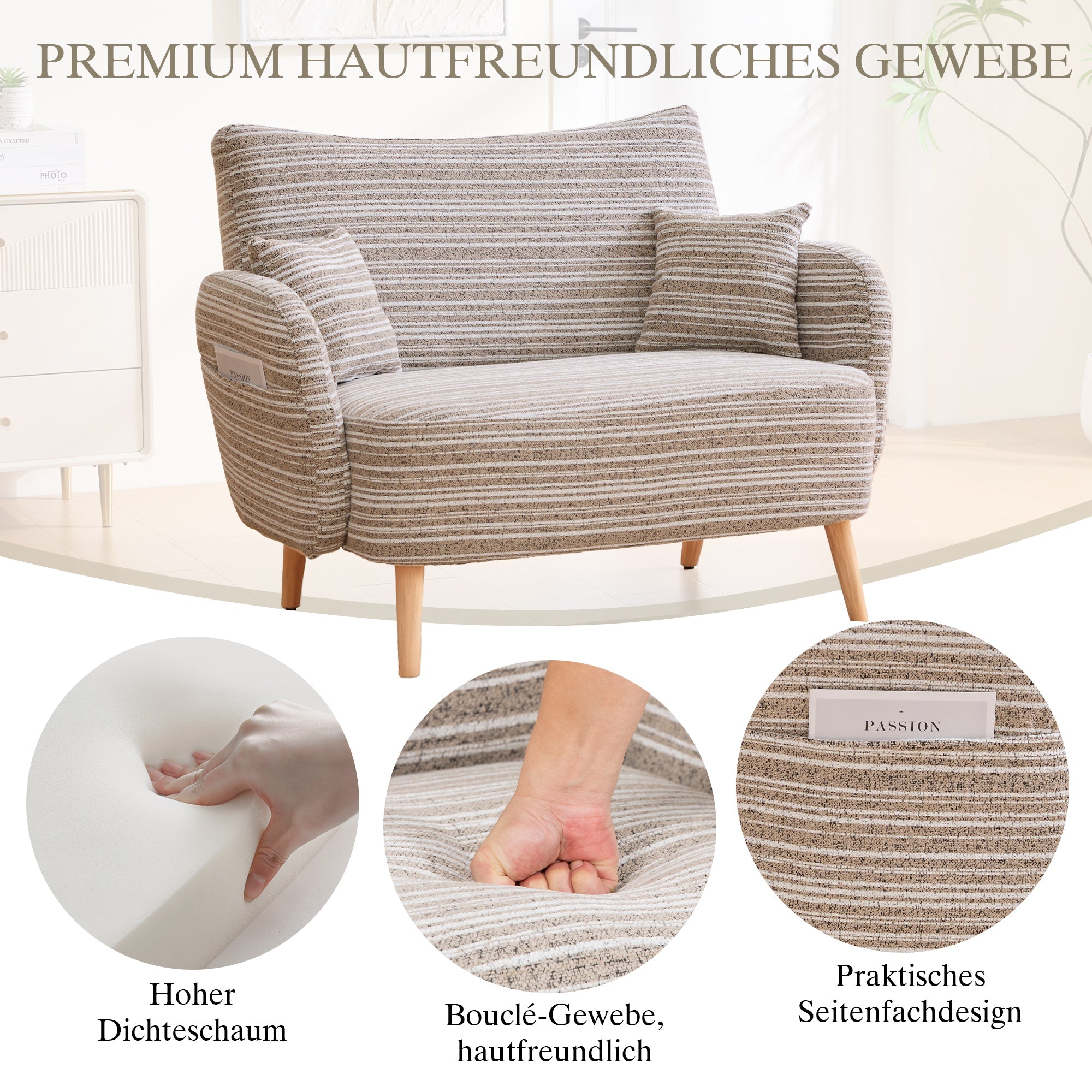 Modern Two-Seater Sofa with Armrest Cushions and Storage Bag, Loop Fabric