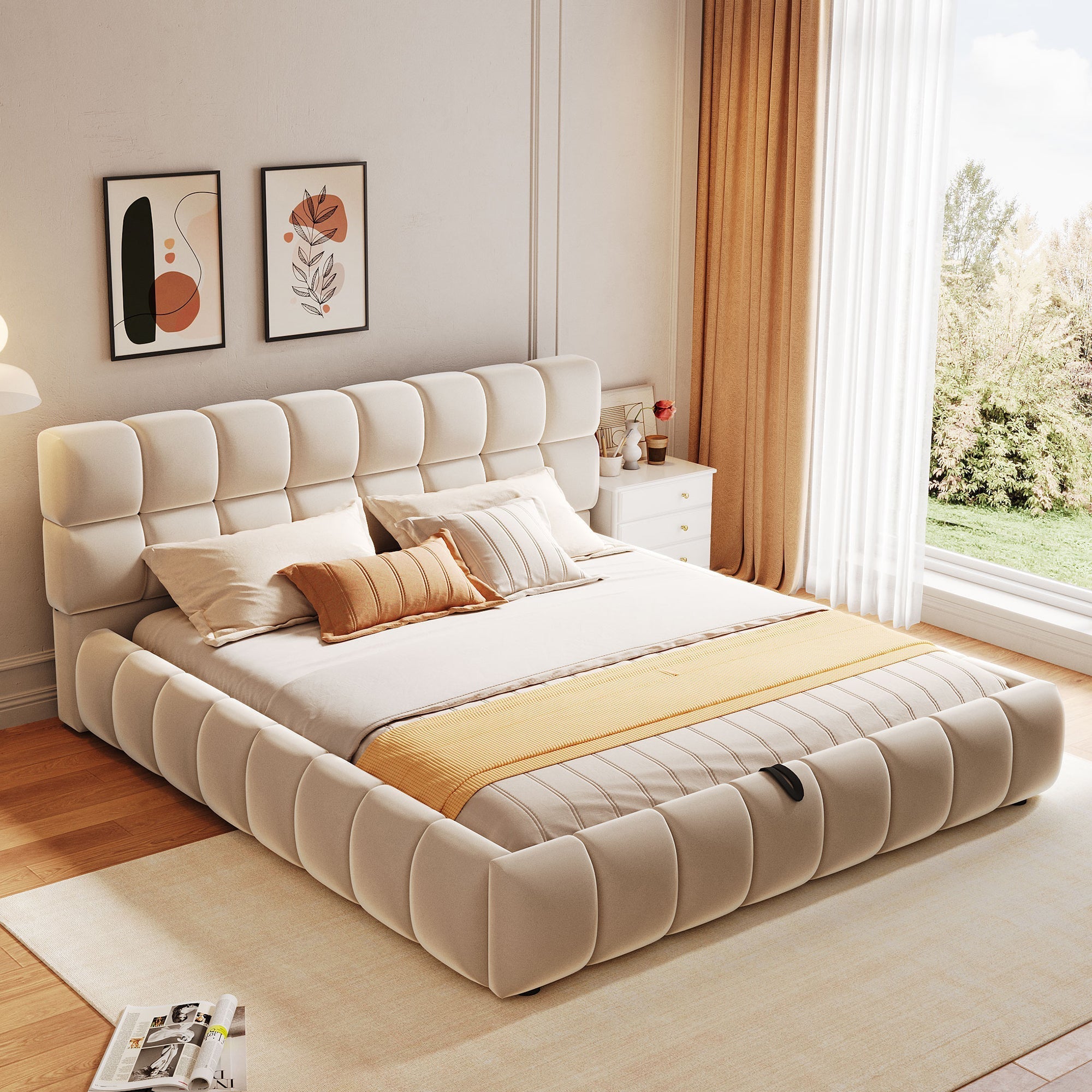Upholstered Bed 140x200cm Hydraulic Storage, Velvet Beige