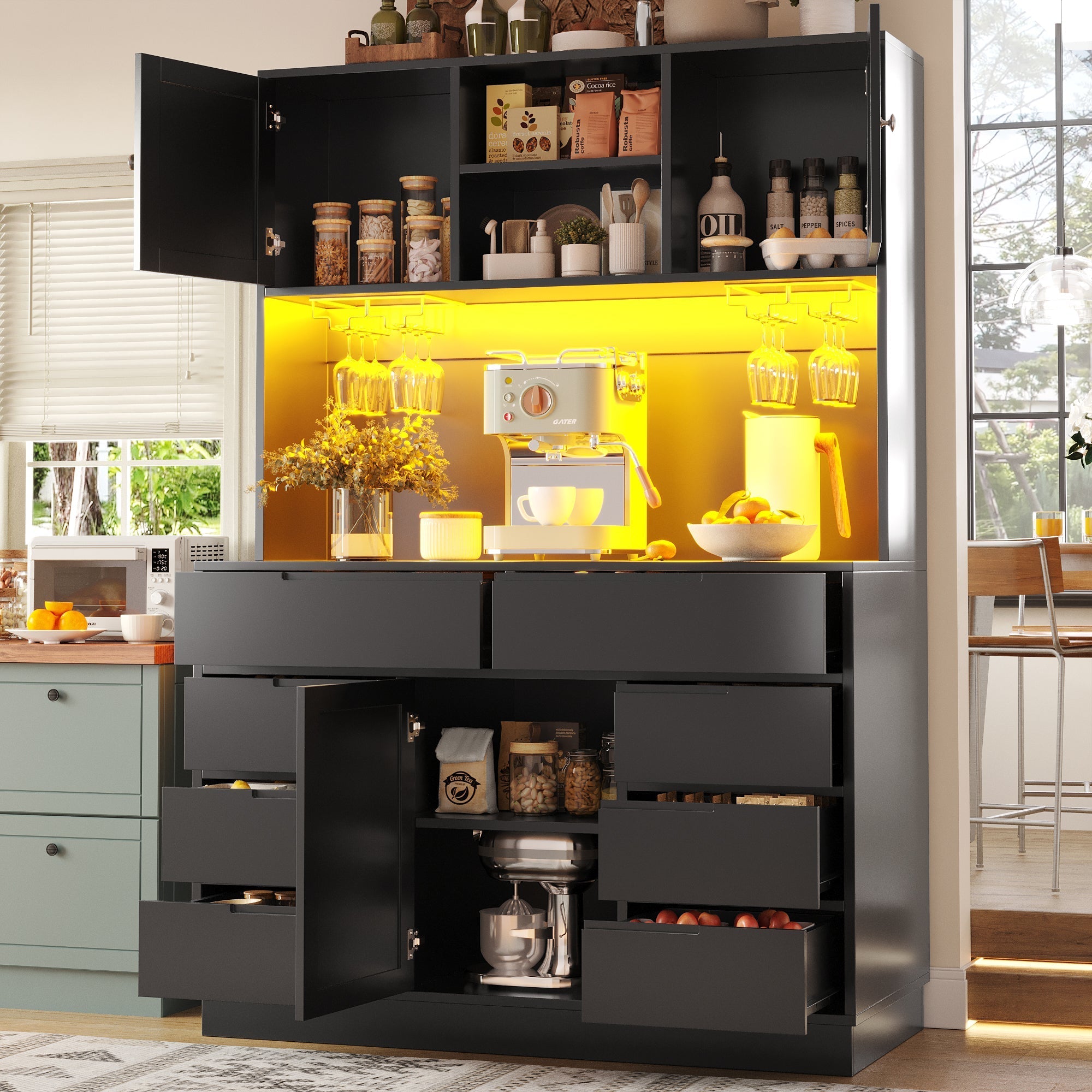Tall Cabinet 120x40x183.5cm Smart LED Lighting 8 Drawers Adjustable Shelves Black