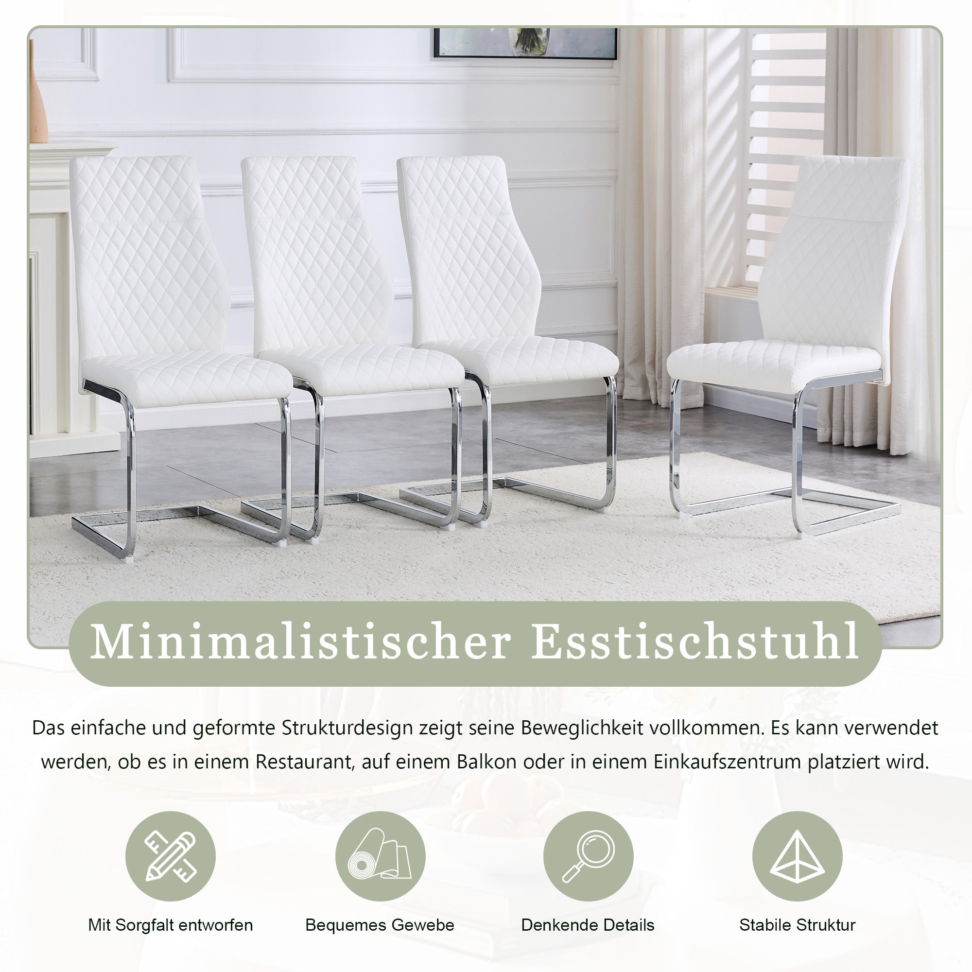 Dining Chair Set of 2 with High Backrest and Padded Seat, White PU Leather and Silver Metal