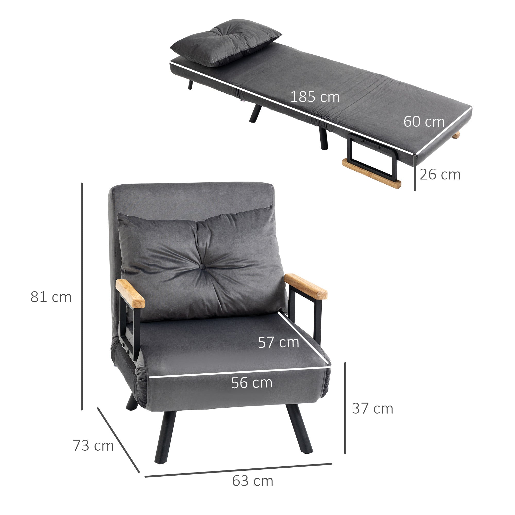 Sleeper Chair Single Sofa Bed Recliner Adjustable Backrest, Dark Grey Velvet