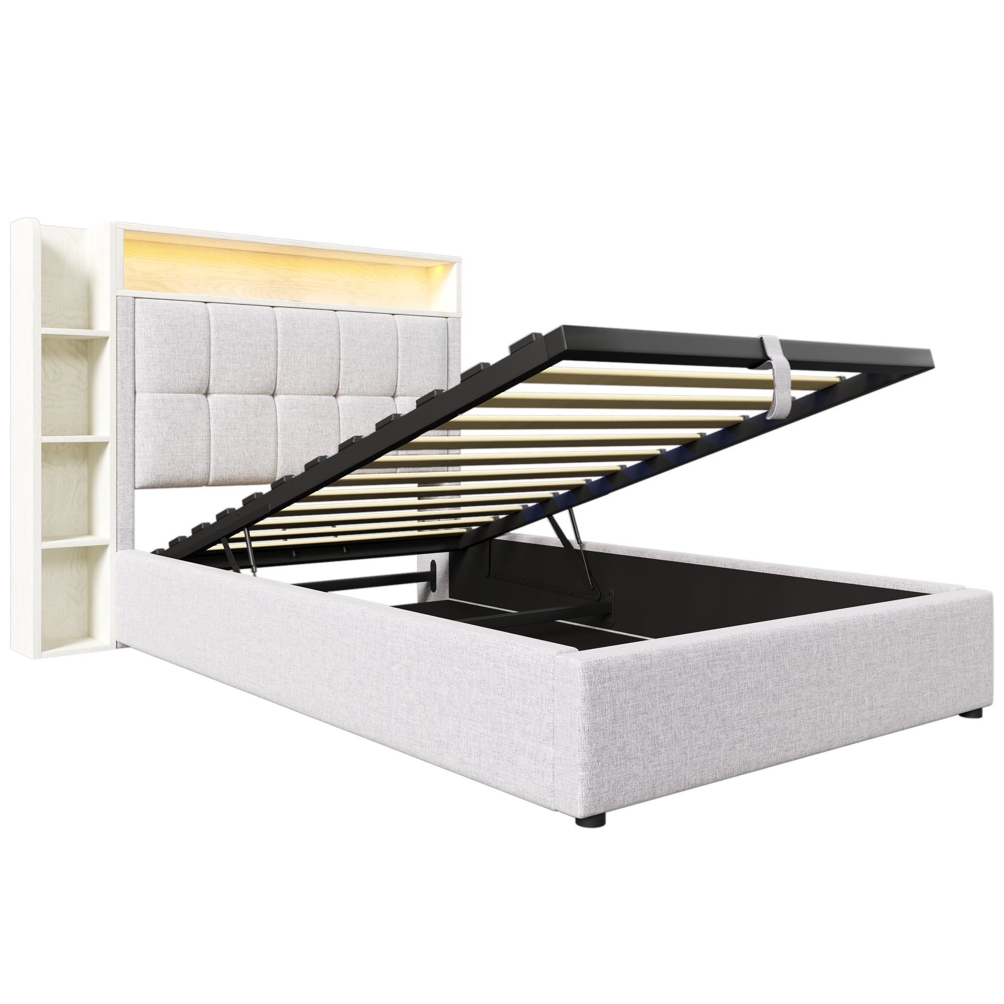 Upholstered Bed 90x200cm Multifunctional Storage LED USB/Type-C App Control - Linen Beige