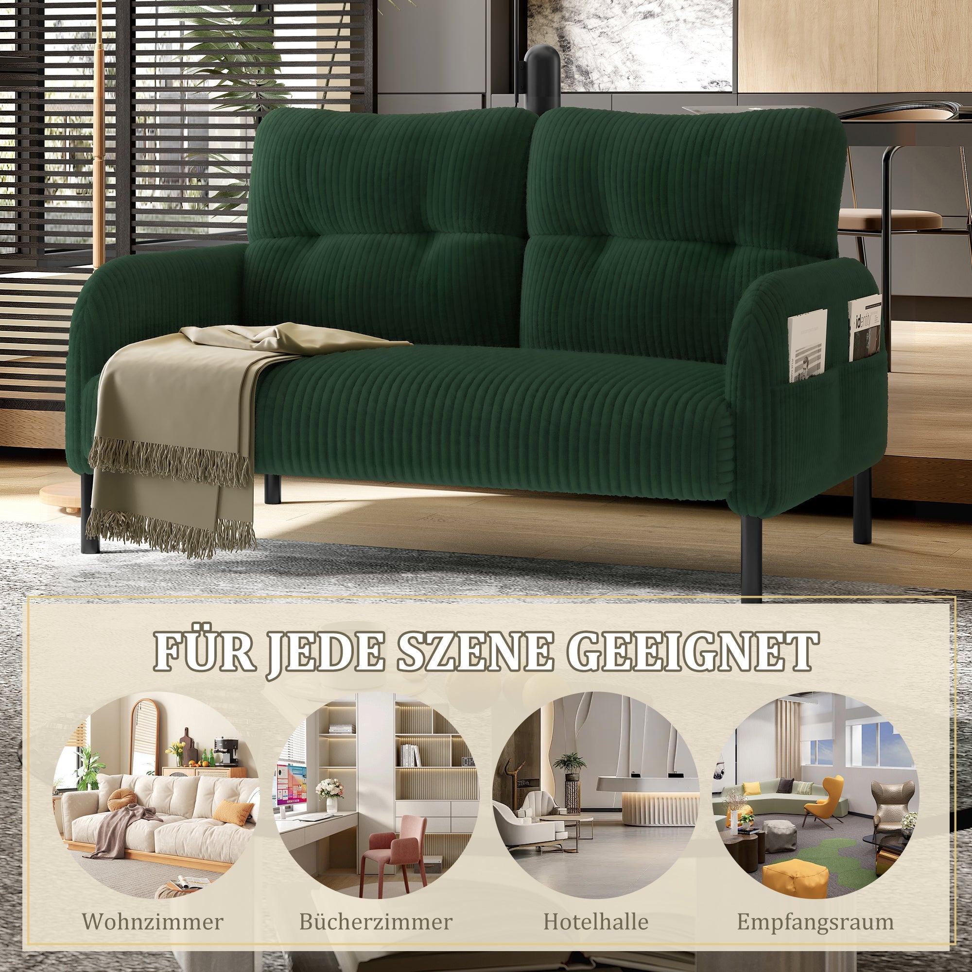 Two-Seater Sofa, Comfort Padding High Backrest Side Pockets Metal Feet, Corduroy