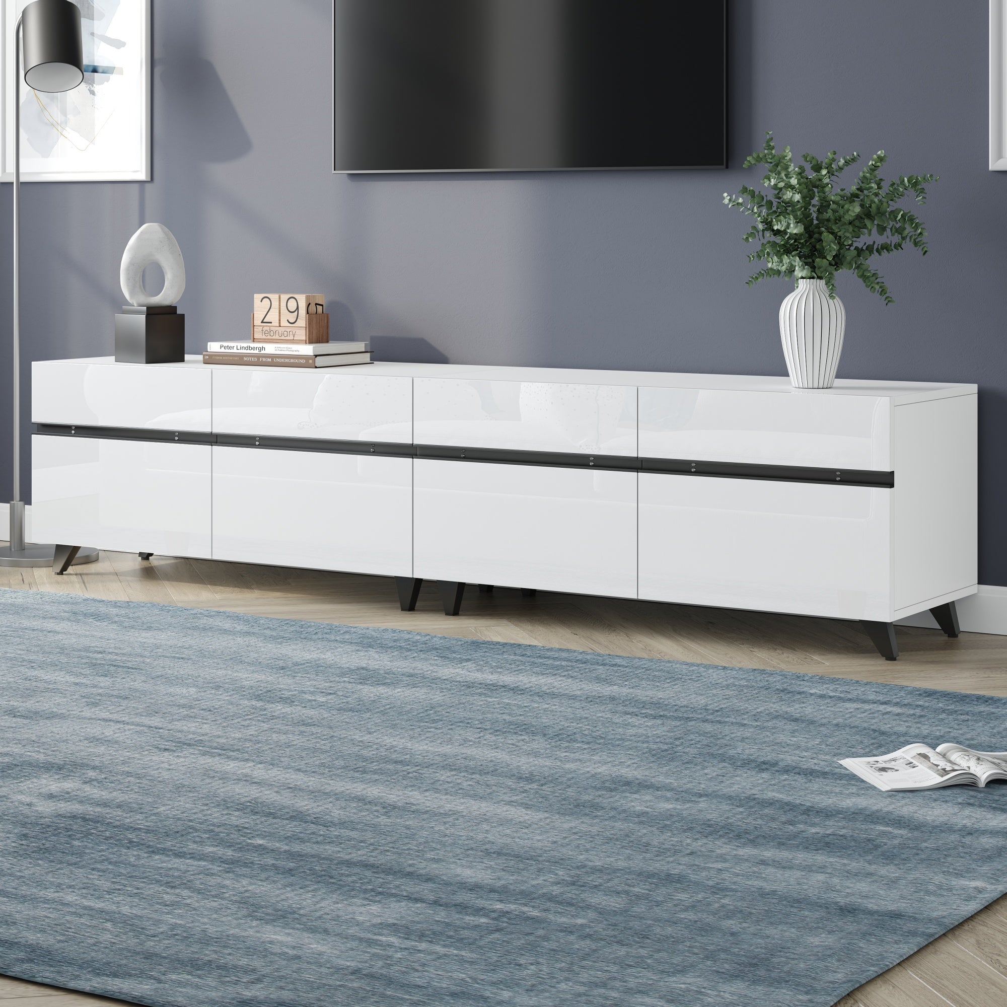 TV Cabinet High-Gloss Lowboard 4 Cabinets Adjustable Dividers 180x40x49cm