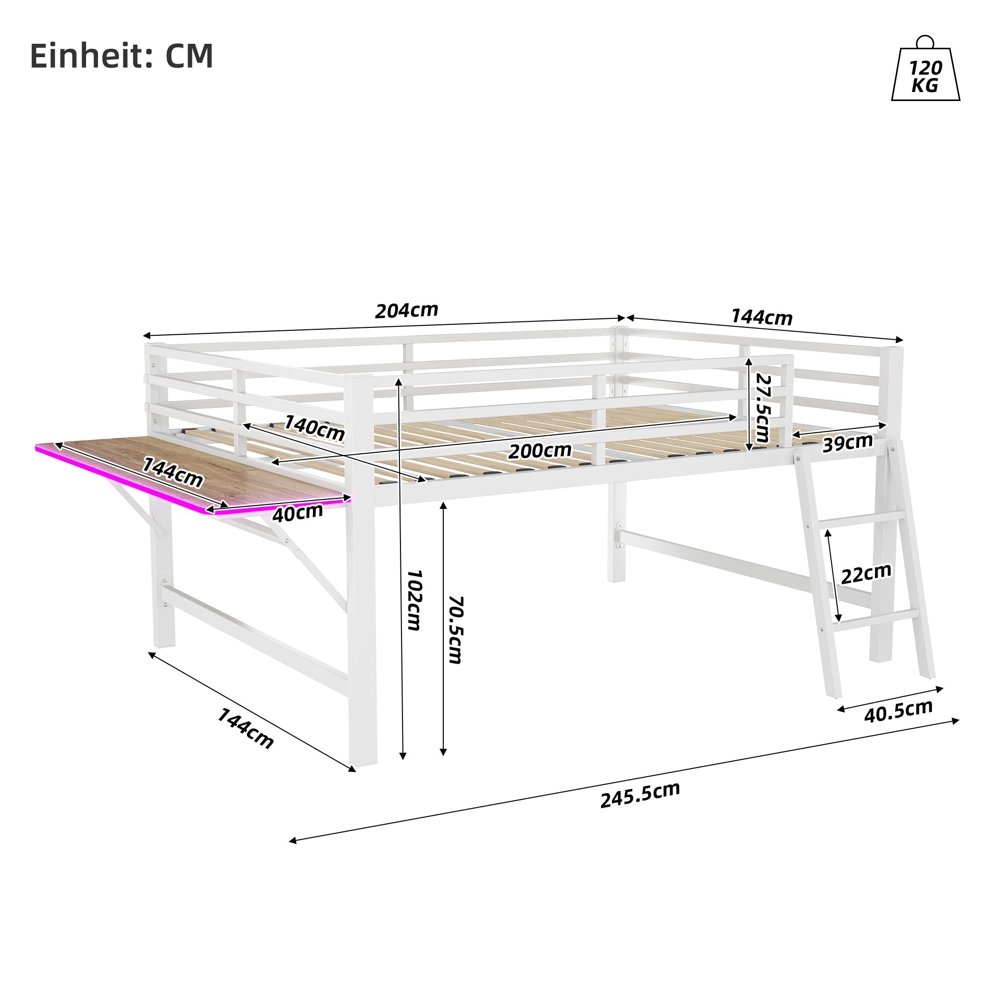 Flatbed Metal Bed 140x200cm Desk Ladder Railing Remote LED Strip White