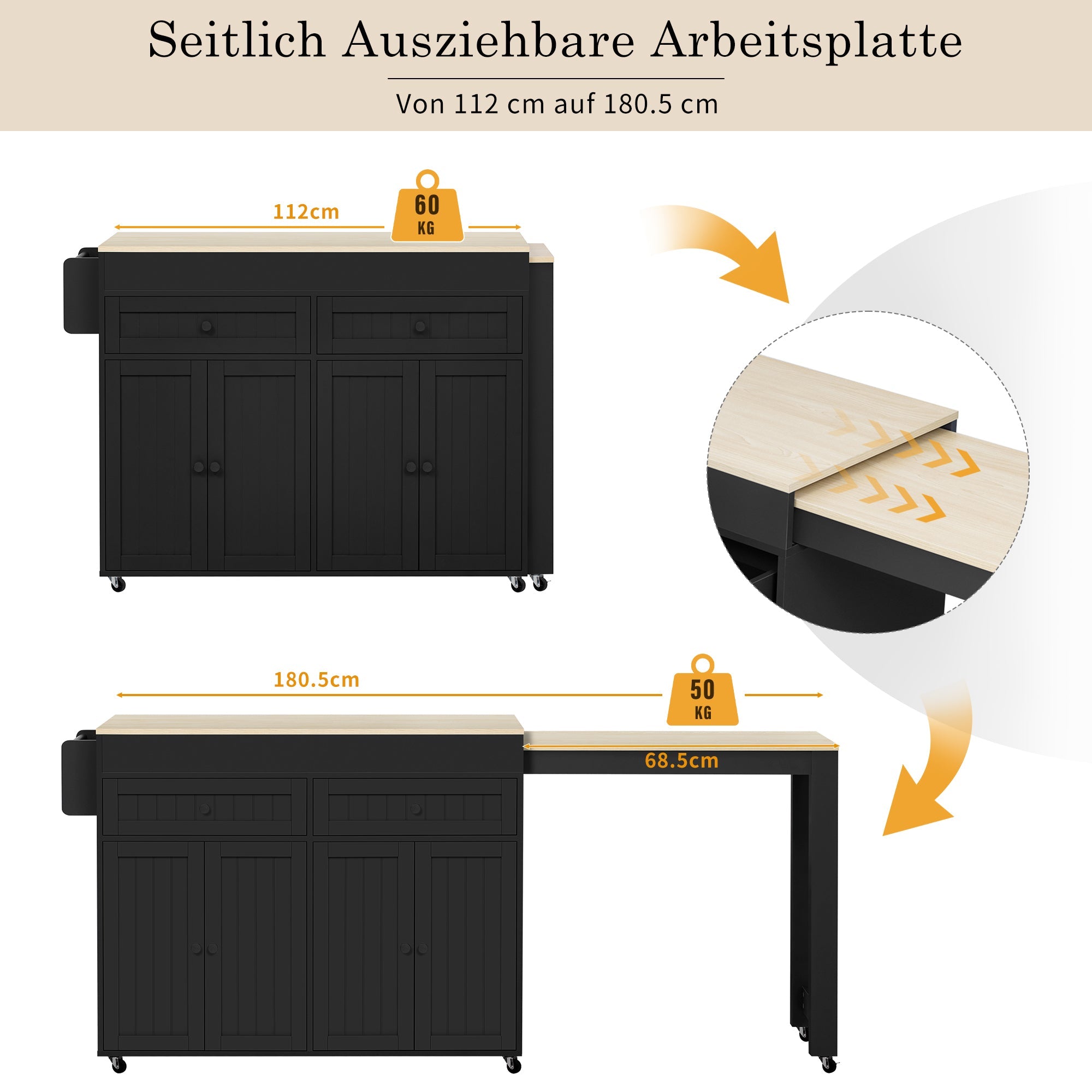 Kitchen Island, Mobile with Extendable Dining & Drawers, Black + Natural