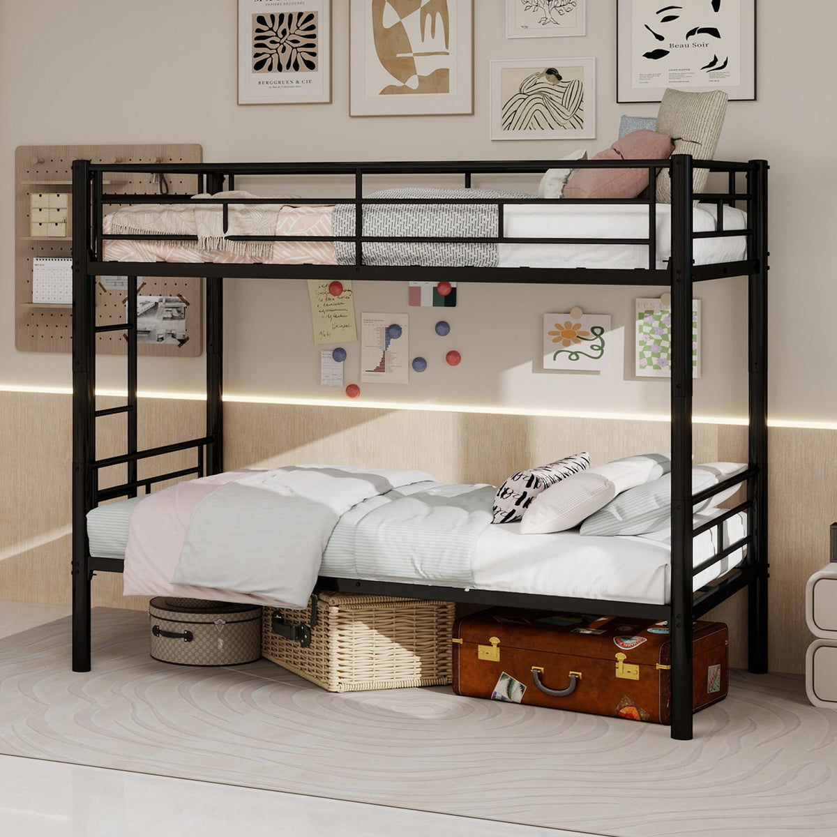 Twin over Twin Bunk Bed Convertible 2 Beds Ladders Railings, Metal Structure