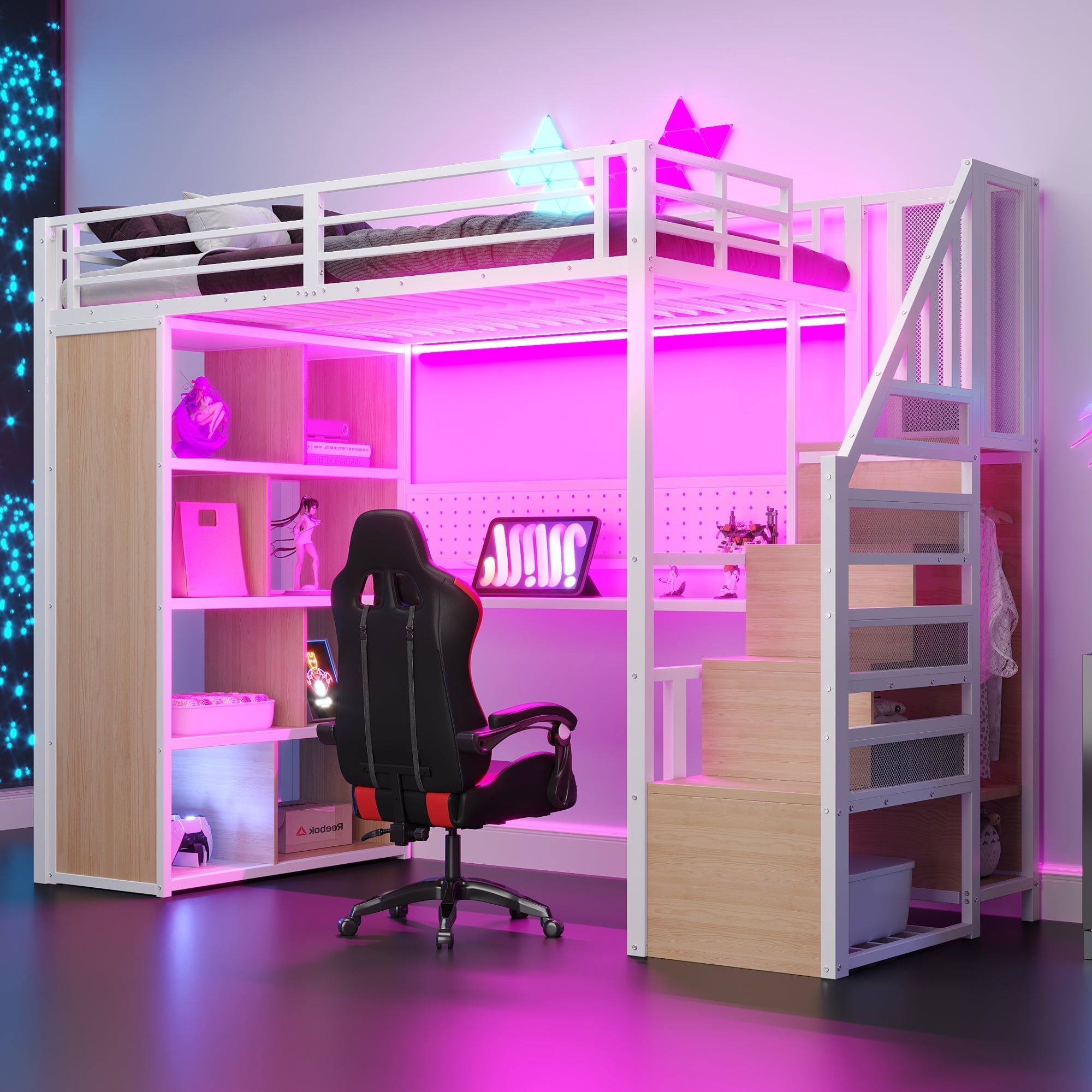 Metal Loft Bed with Desk, Wardrobe and LED Lighting, 90 x 200 cm, White