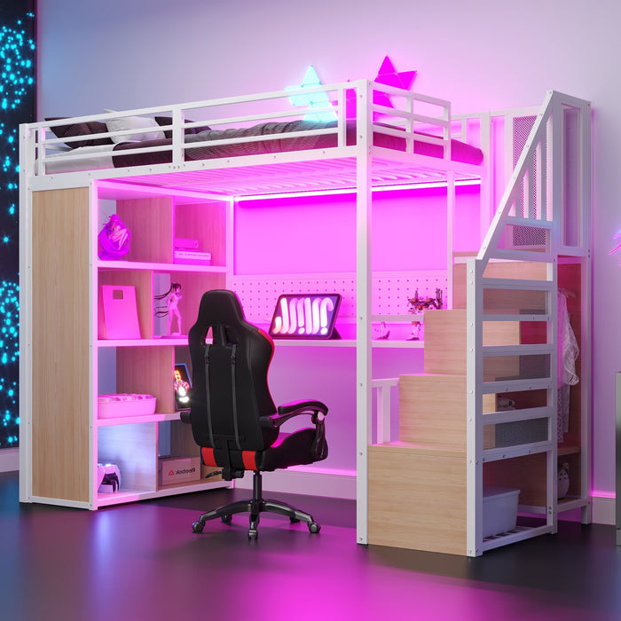 Metal Loft Bed with Desk, Wardrobe and LED Lighting, 90 x 200 cm, White
