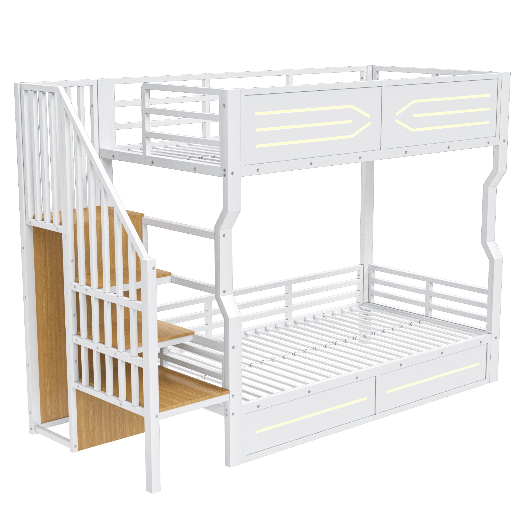 Iron Bunk Bed with Cabinet-Style Storage Stairs and LED Lighting, 90x200cm, White