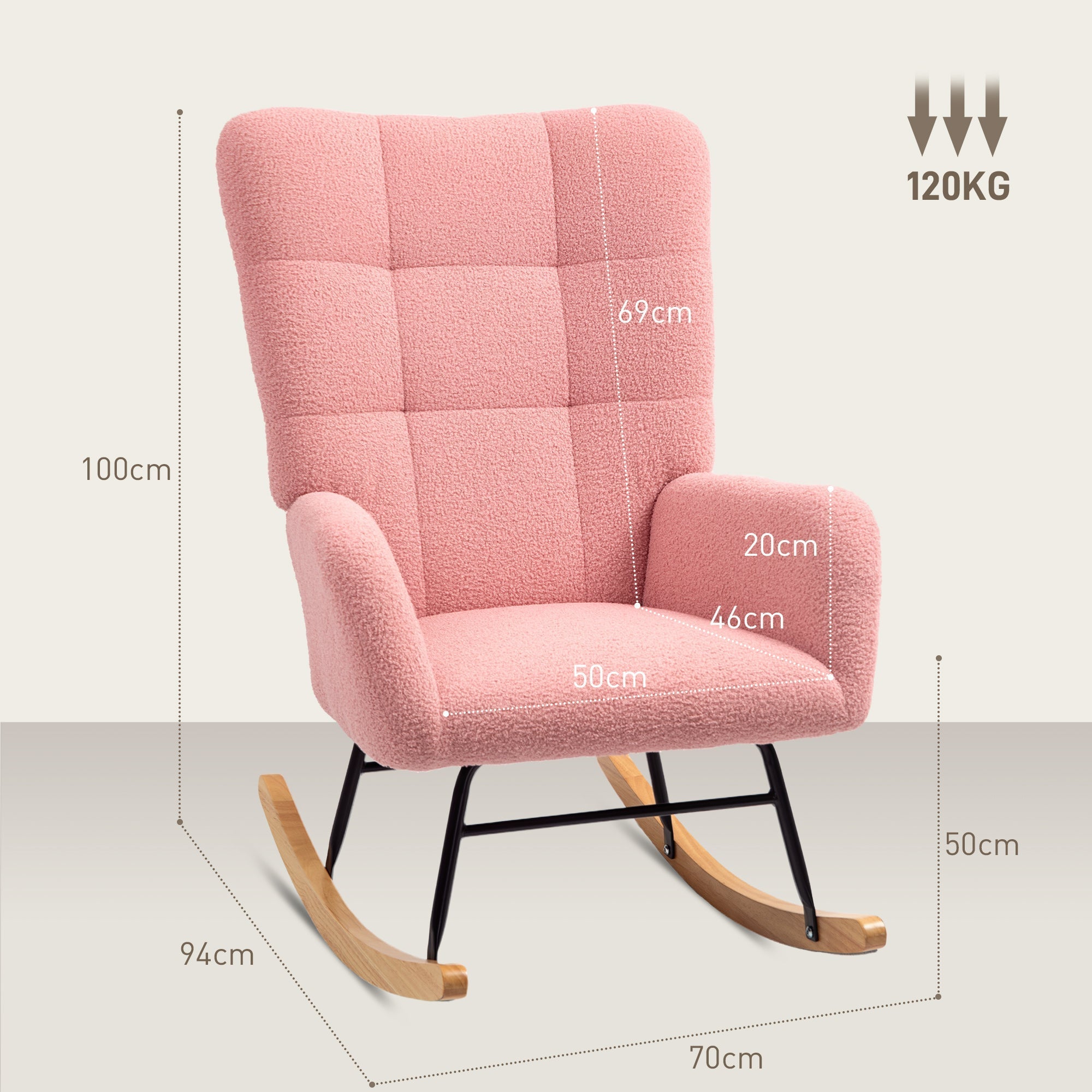 Rocking chair with armrests, teddy velvet, pink