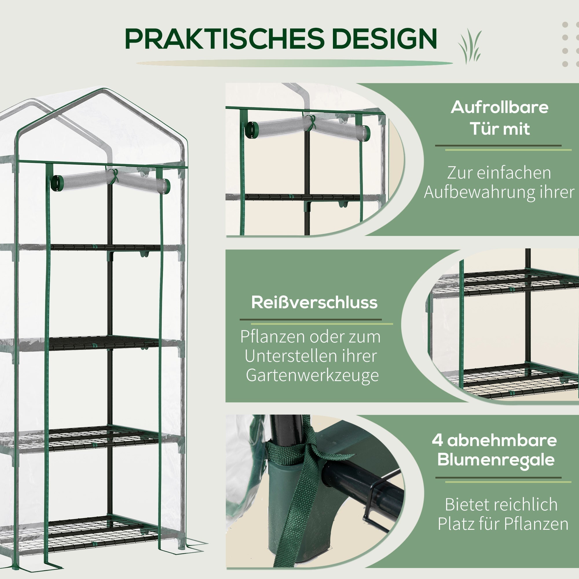 Foil Greenhouse Cold Frame, 4 Shelves 70x50x160cm, Green