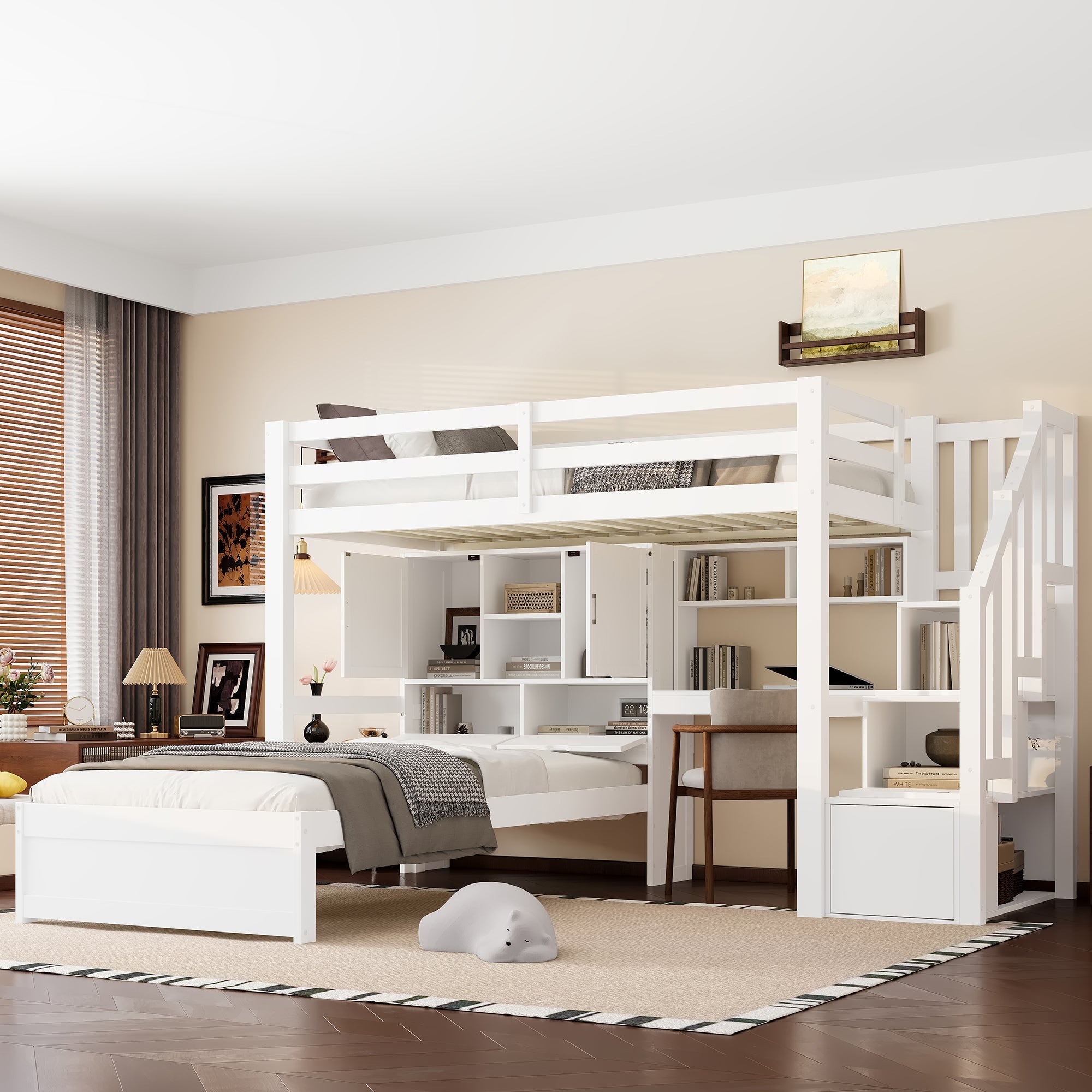 Loft Bed 90x200cm Desk Stairs Storage Shelves - White