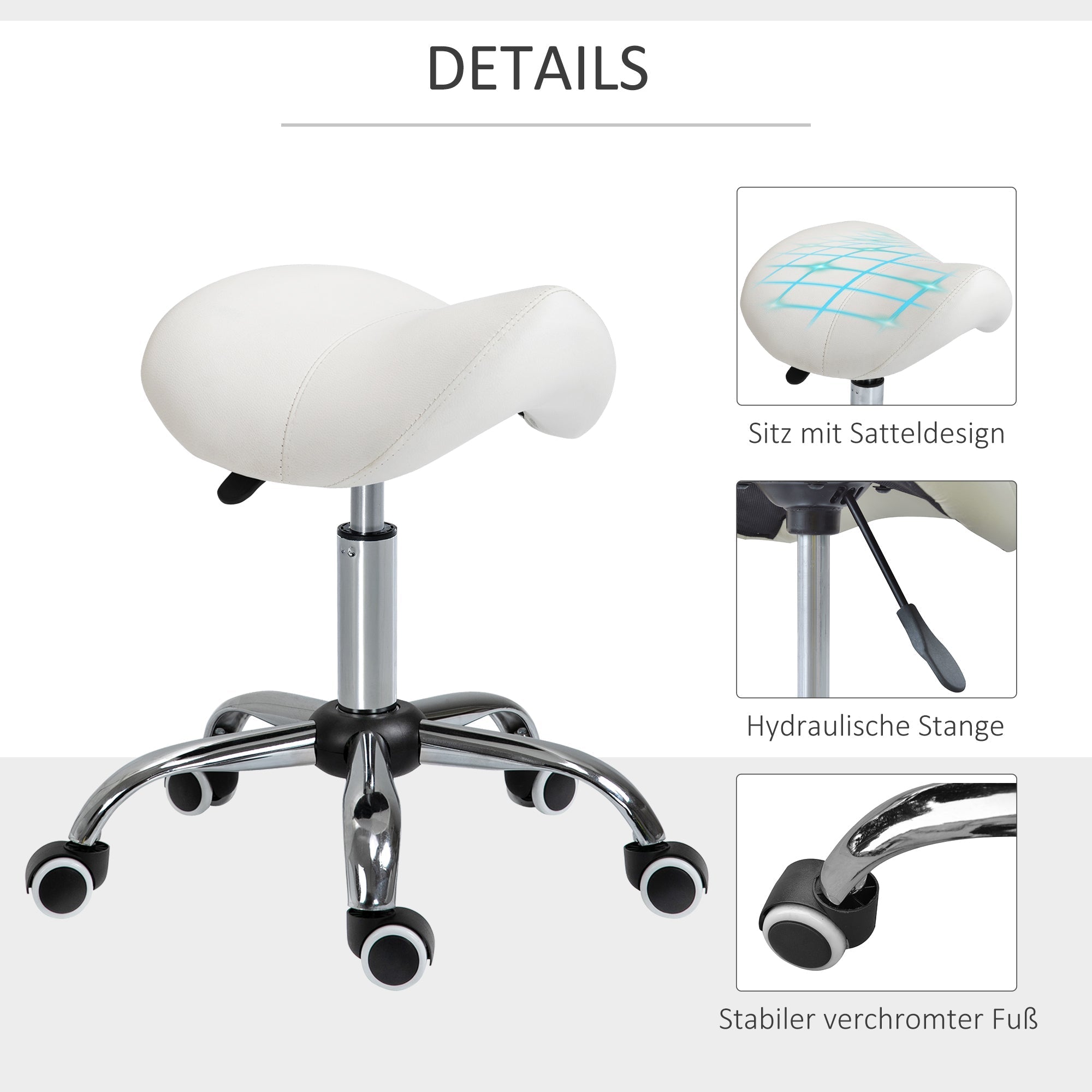 Rolling Stool Swivel Height-Adjustable Saddle, Padded White