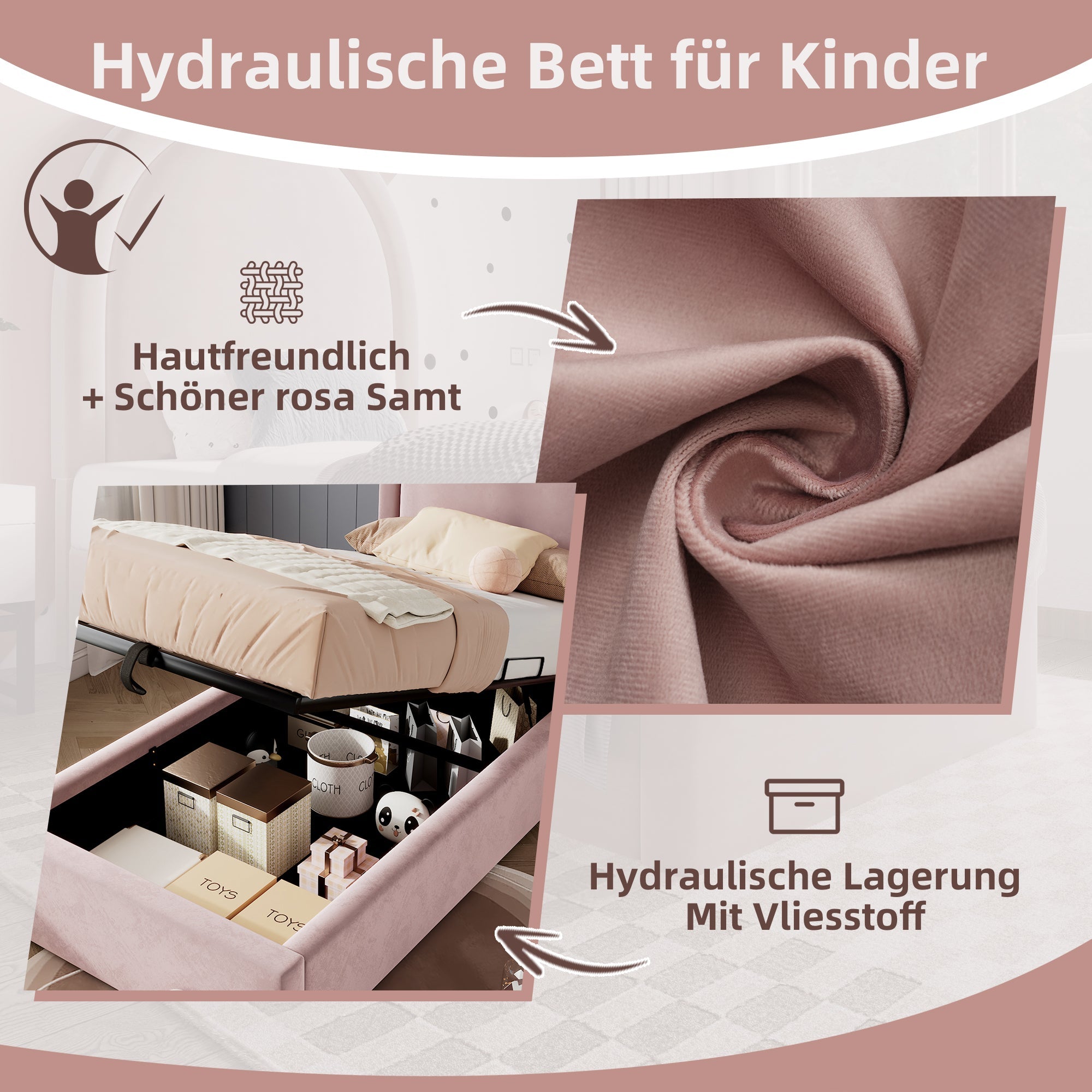 Children's Bed, Single 90 x 200 cm, Velvet Pink