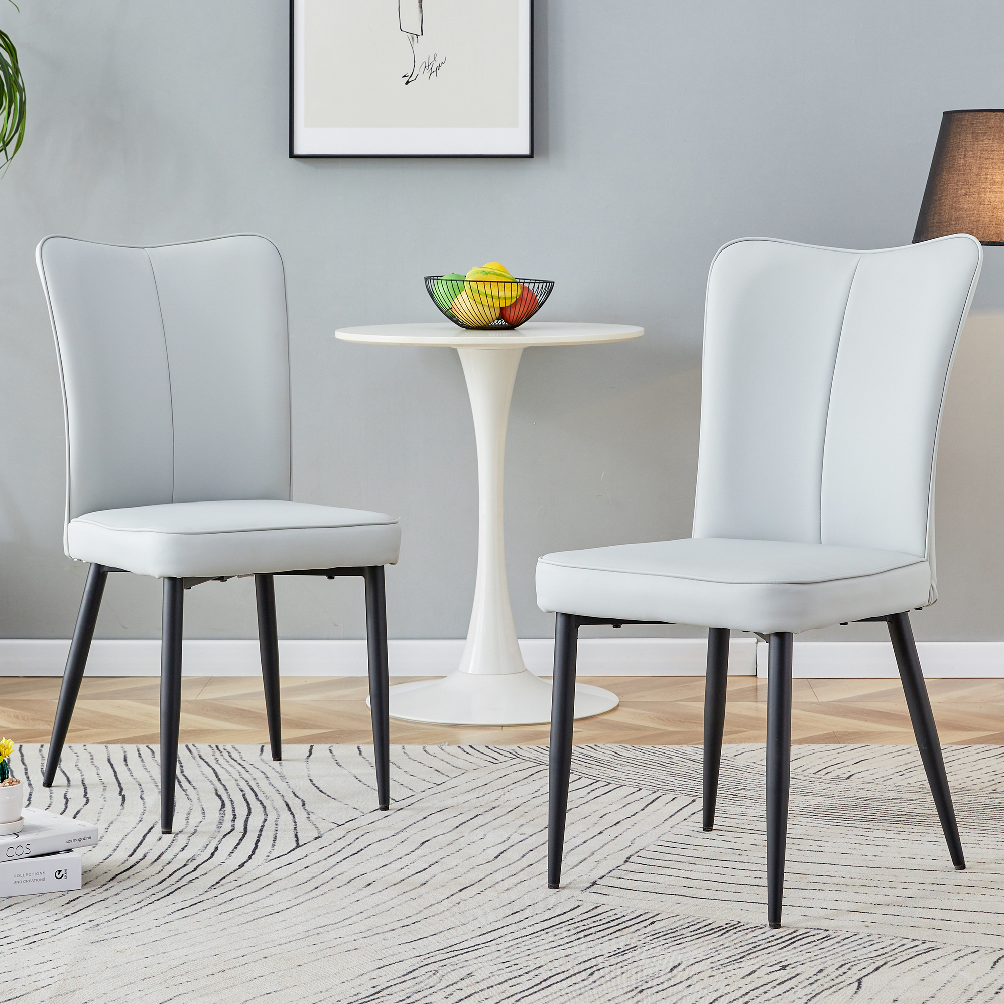 Dining Chairs Set of 2 Modern 89cm High PU Black Metal Legs Light Grey