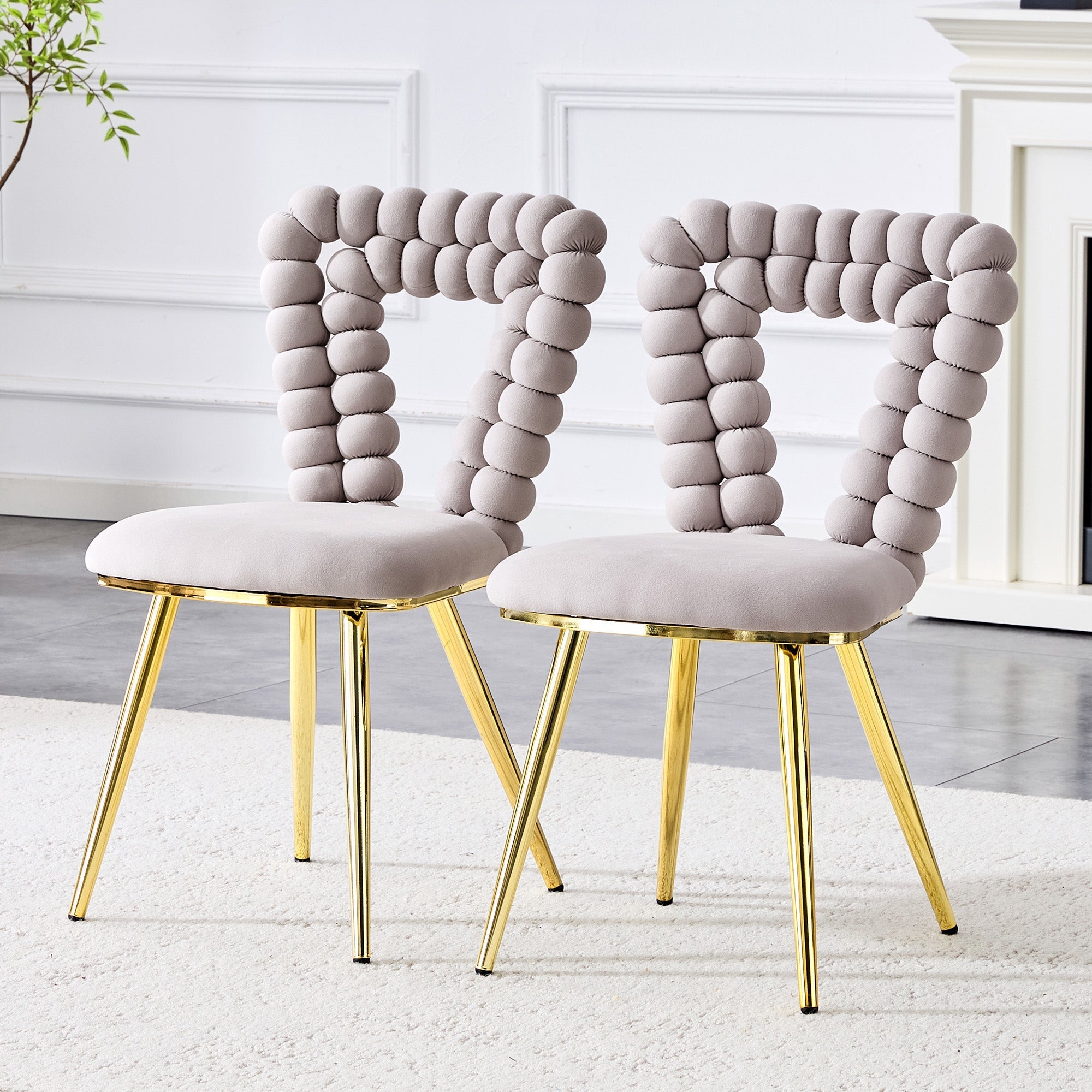 Dining Chairs (Set of 2) Triangular Cutout Backrest Gold Metal Legs - Light Grey Velvet