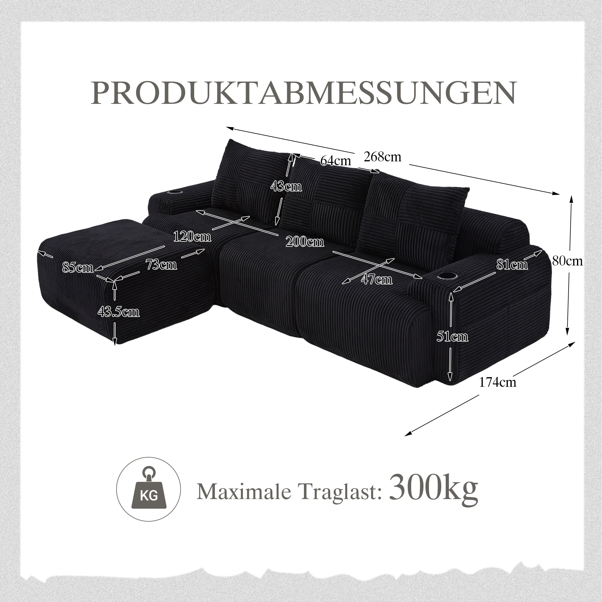 3-Seater Modular Sofa with Ottomans, Cup Holders and Storage, Black Corduroy
