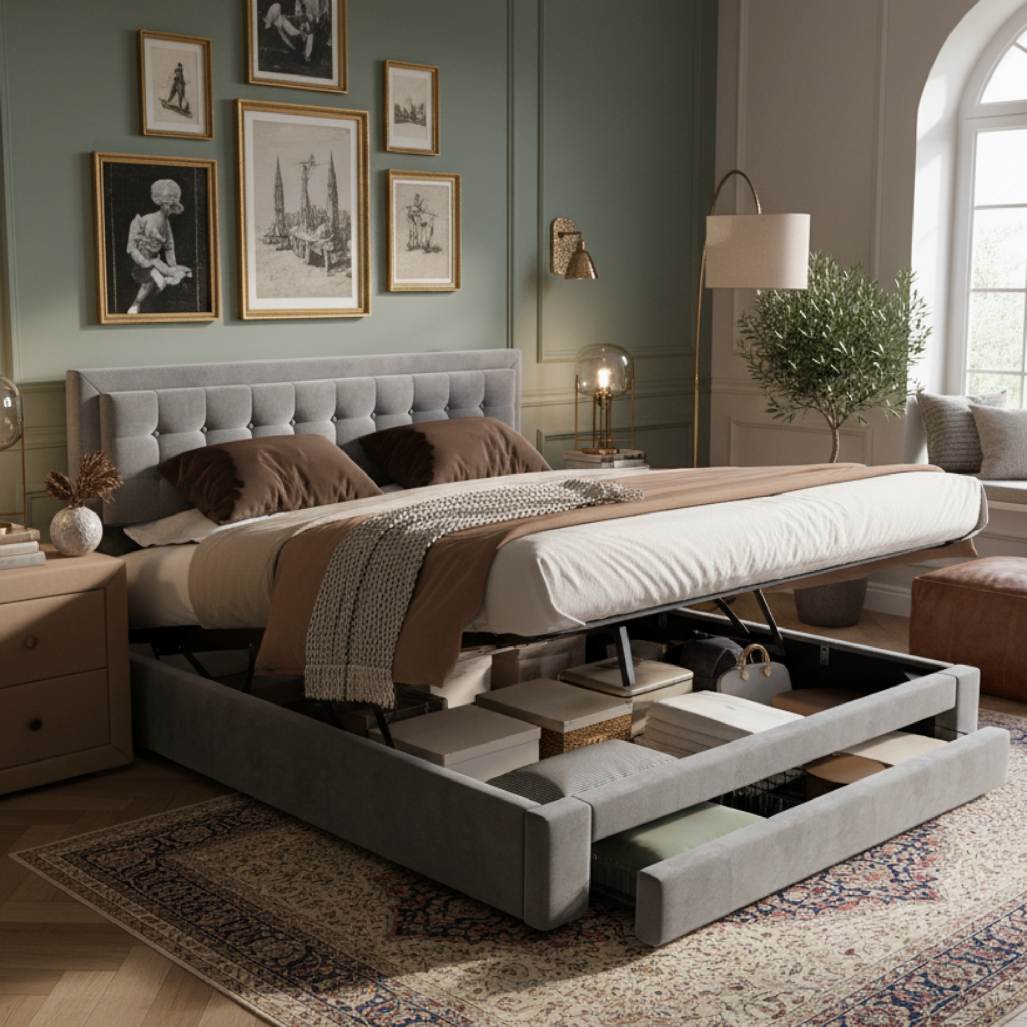 Upholstered Double Bed 160x200 Storage Drawers Slatted Frame - Velvet Grey