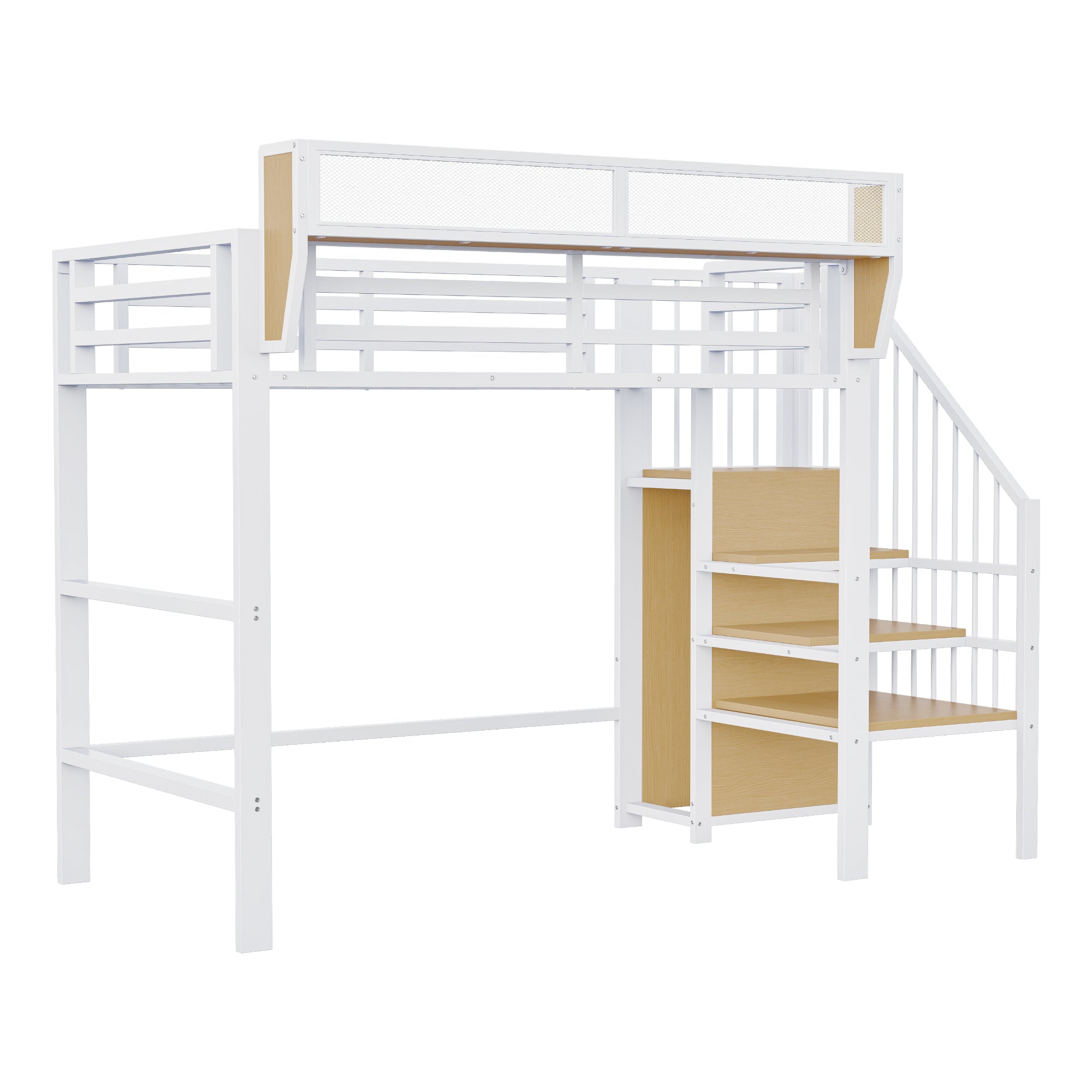Loft Bed with Safety Ladder and Flexible Storage, 90x200cm, White Metal