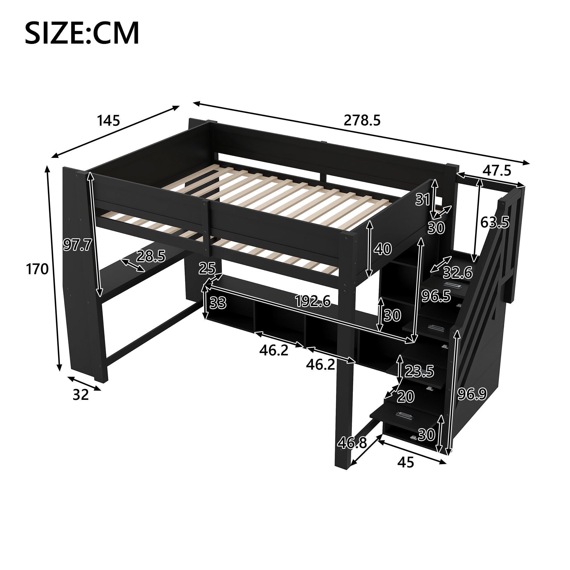 Loft Bed 140x200 with Desk, Storage, LED Lighting, Stairs - Wooden/Black