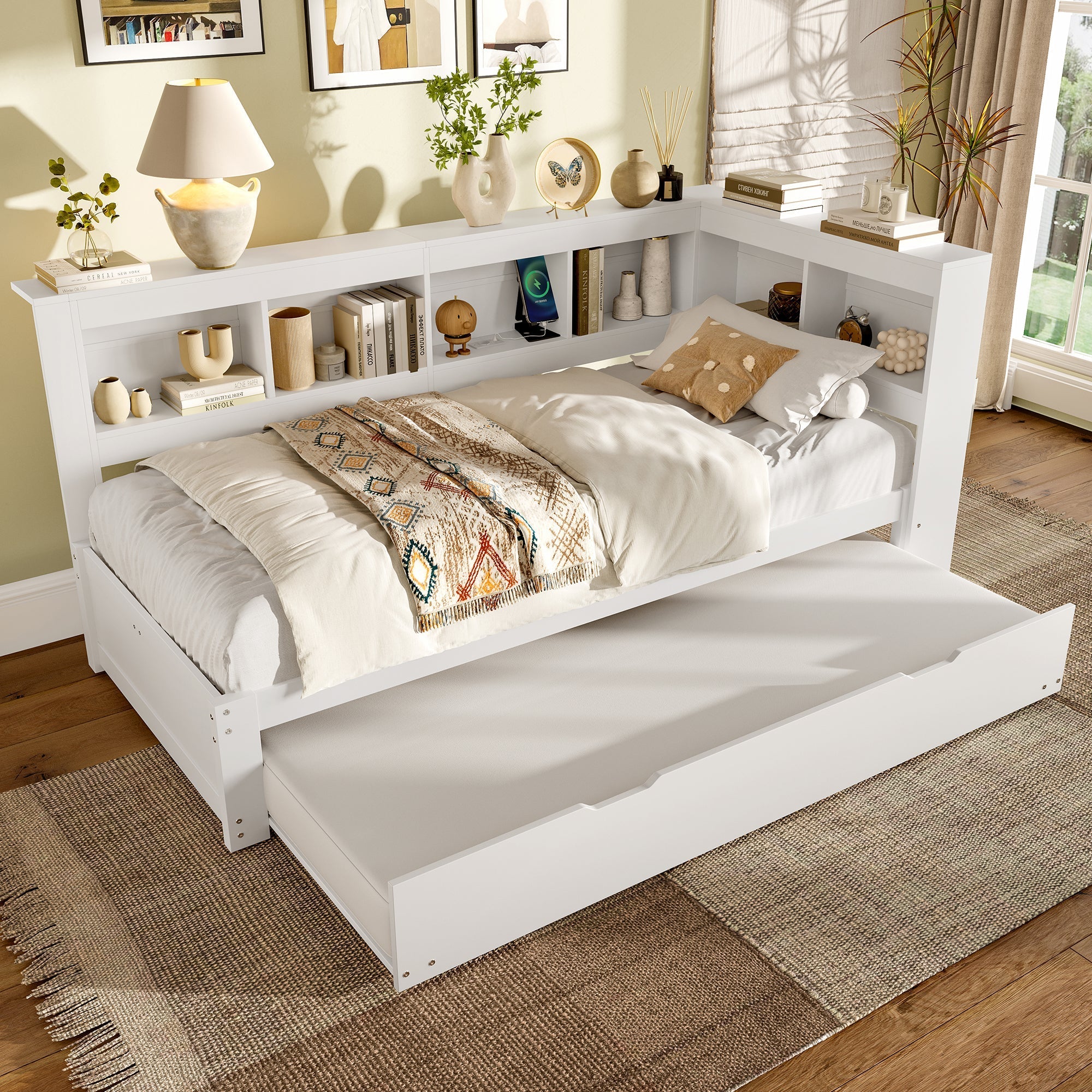Daybed with Pull-Out Bed, 90x200cm, Power Outlet and 2 USB Ports, White Chipboard