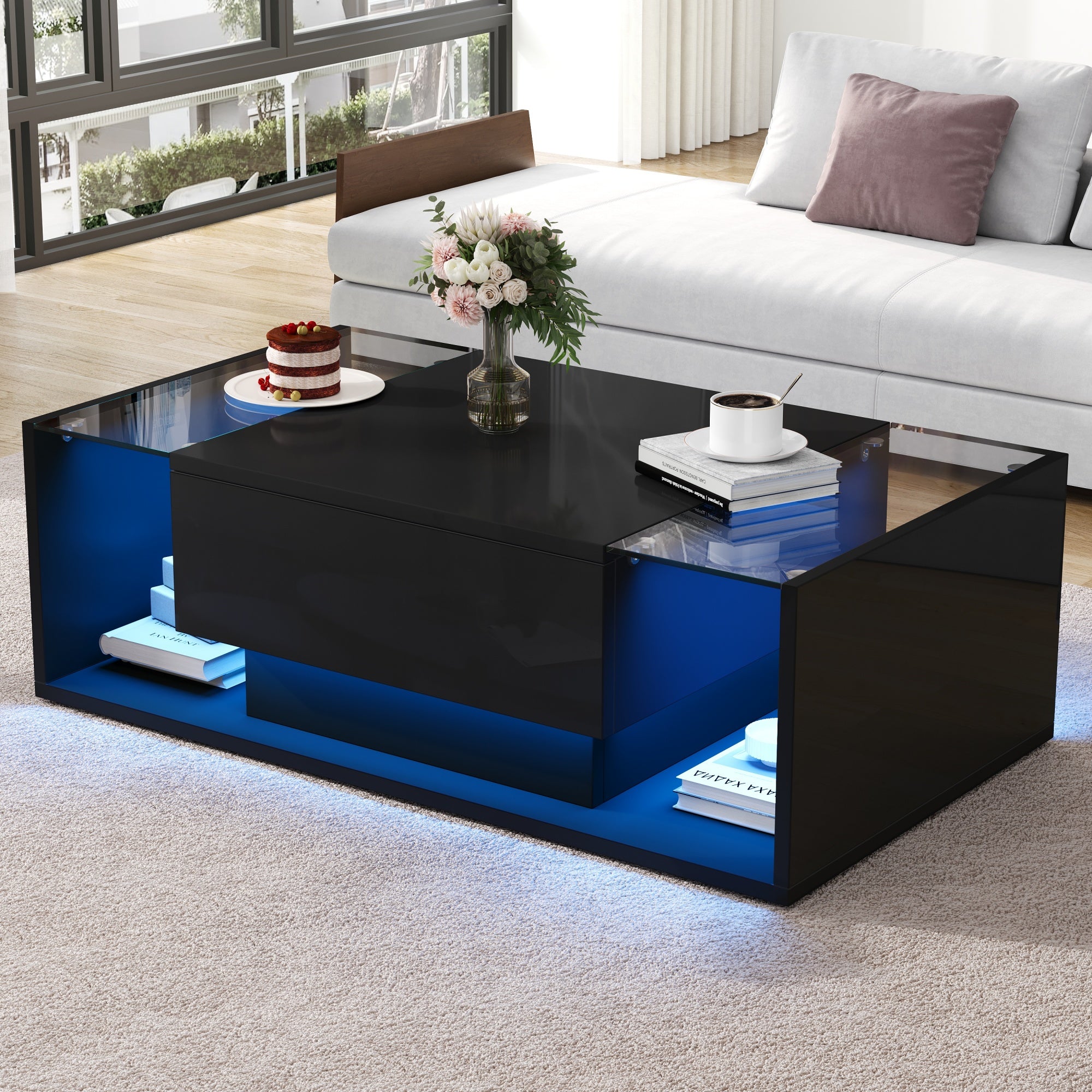 Coffee Table 100x50x31cm Drawer LED Light Tempered Glass, High-Gloss Black
