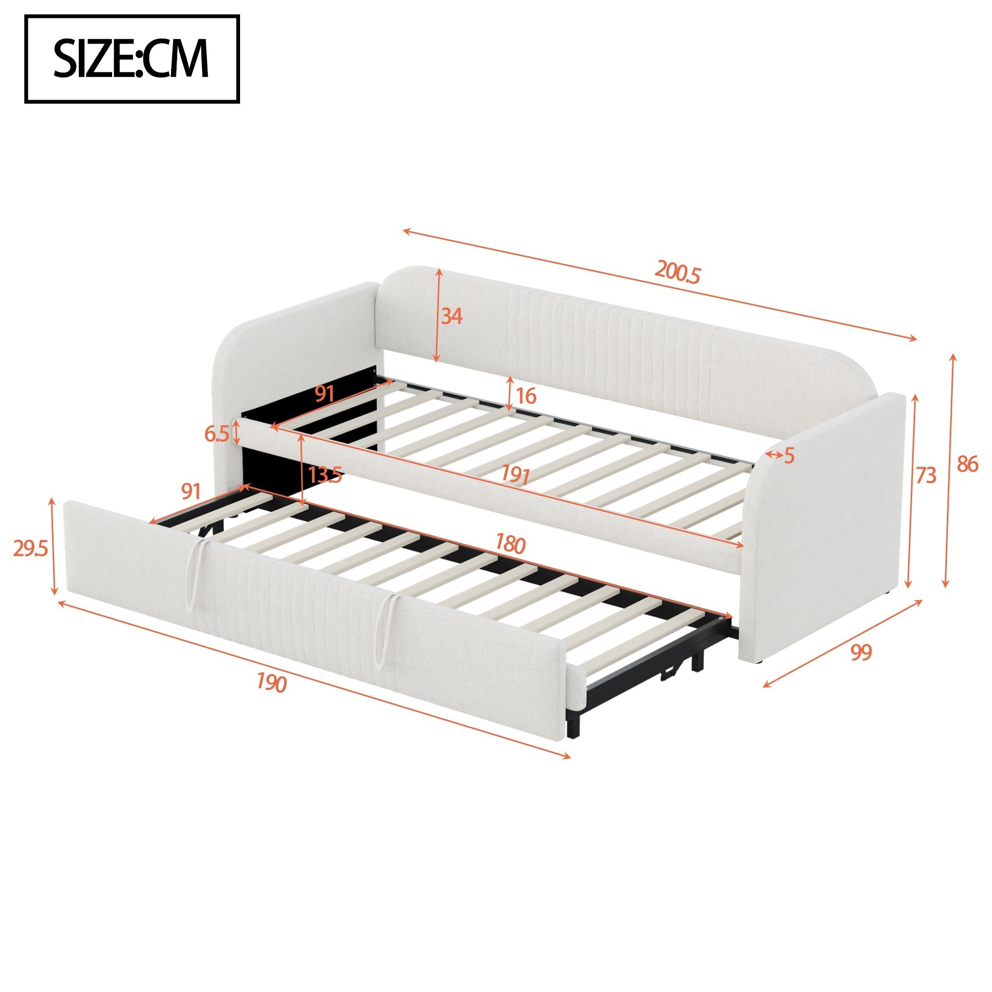 Upholstered Bed Pull-Out Sofa Bed, 90/180*190cm Multifunctional with Slatted Frame, Beige Linen