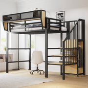 Loft Bed 90x200 with Safety Ladder Storage Bunk Metal, Black