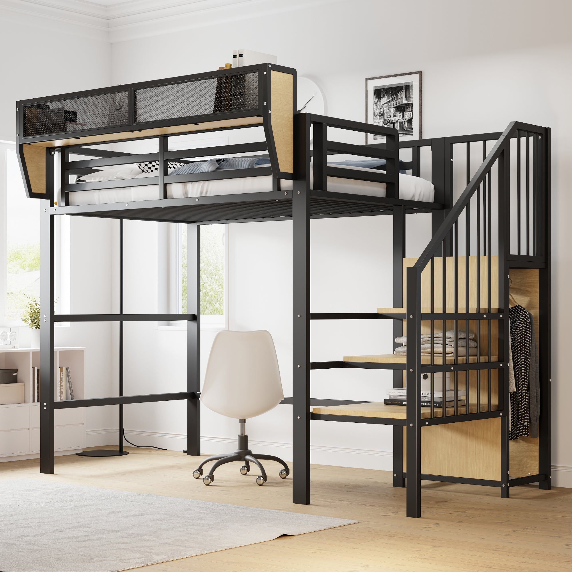 Loft Bed 90x200 with Safety Ladder Storage Bunk Metal, Black