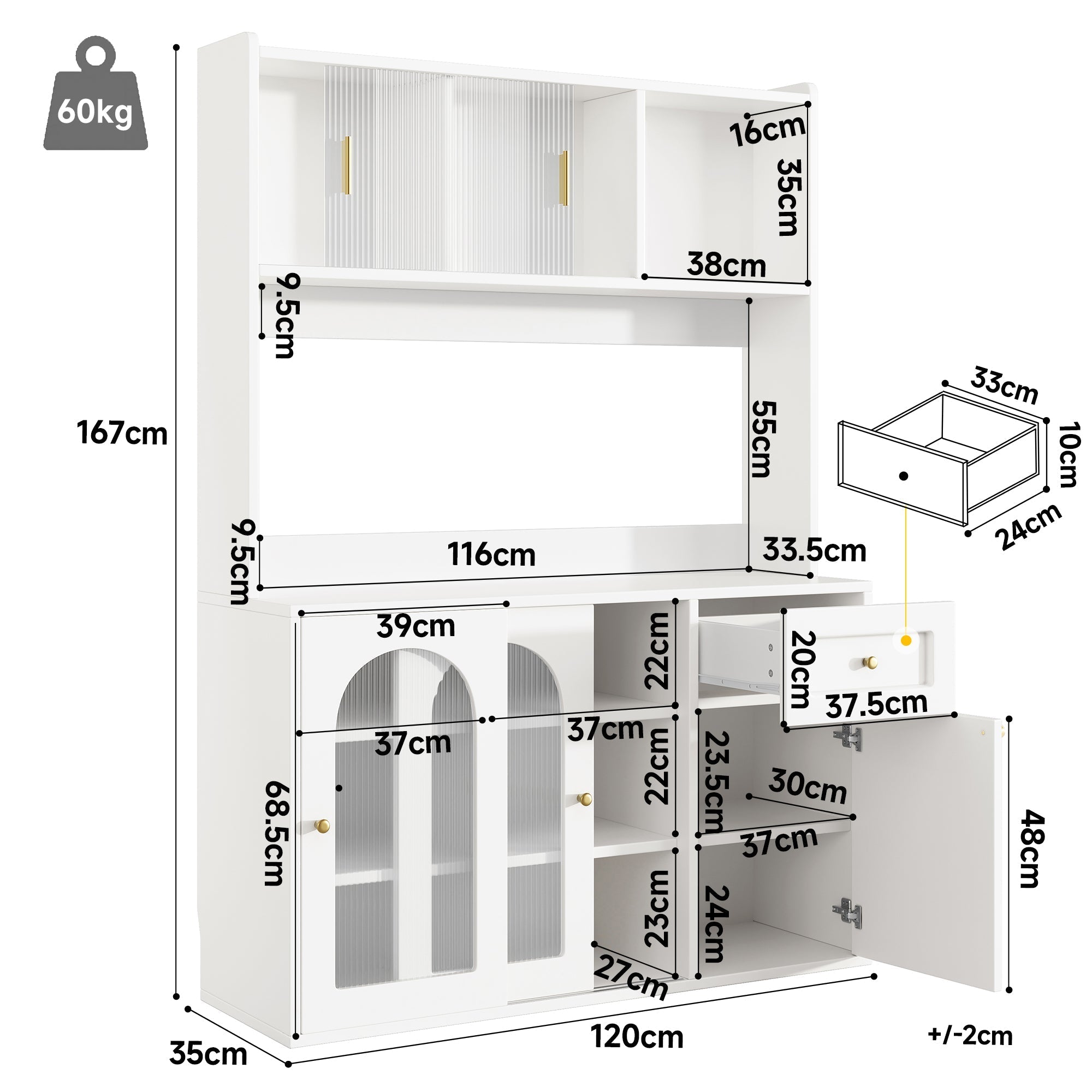 Kitchen Cabinet, Tall Display Buffet Sideboard with LED Lighting and Adjustable Shelves, White/Black