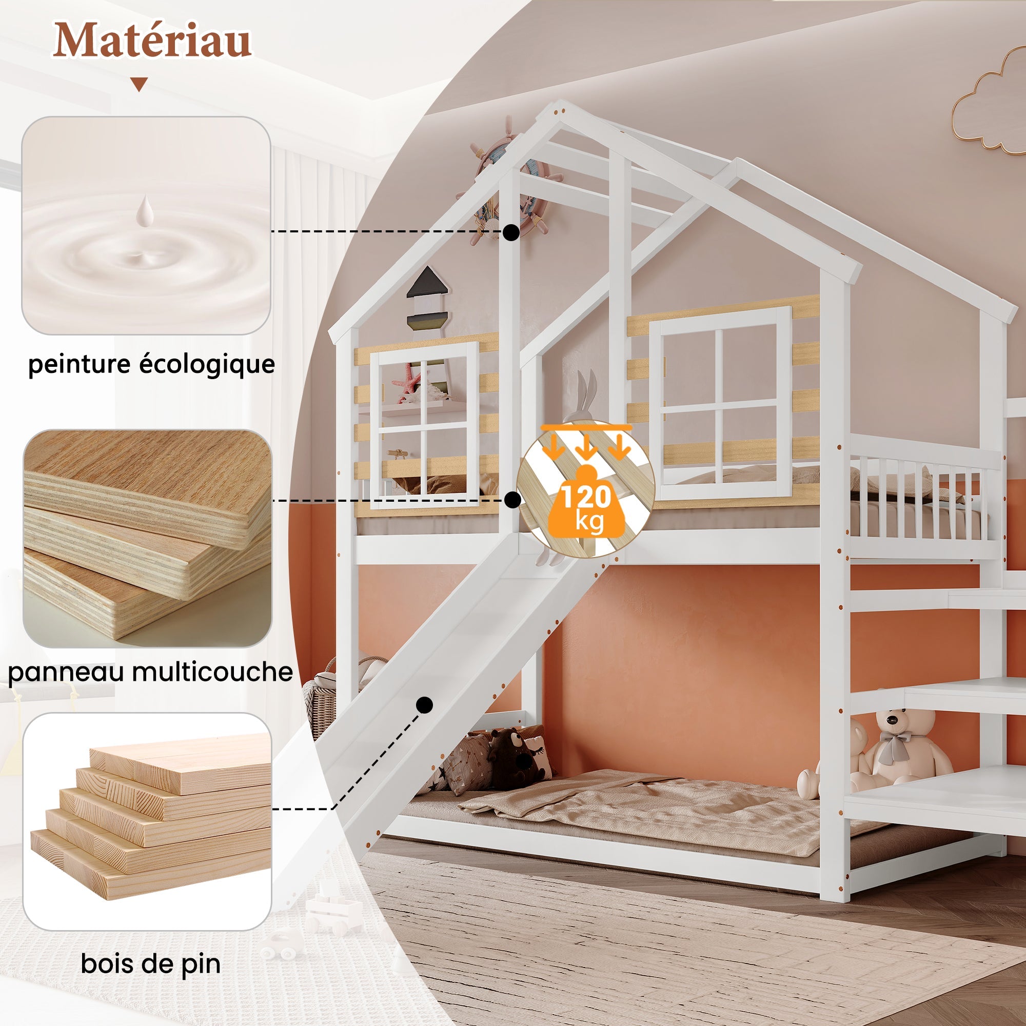 Bunk Bed, Wooden with Stairs, Slide & Window, Solid Wood, White