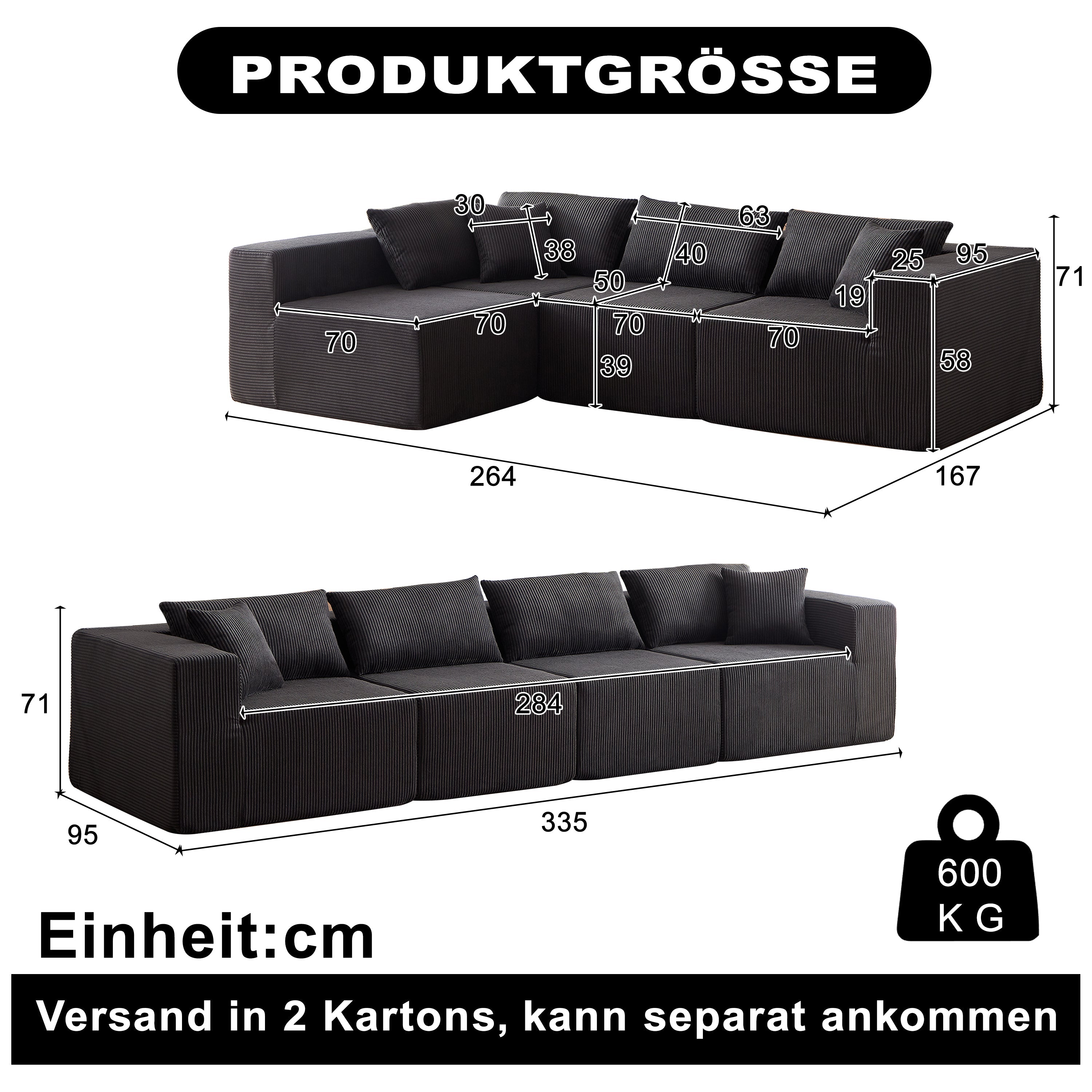 Modular L-Shaped Sectional Sofa 104-Inch 4-Piece Foam-Filled - Corduroy