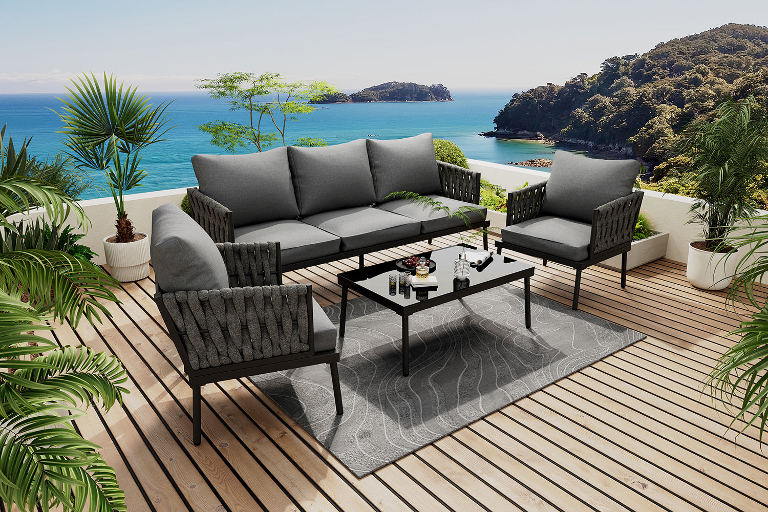 Garden Furniture Set with 3-Seater Sofa, 2 Armchairs and Coffee Table, Grey