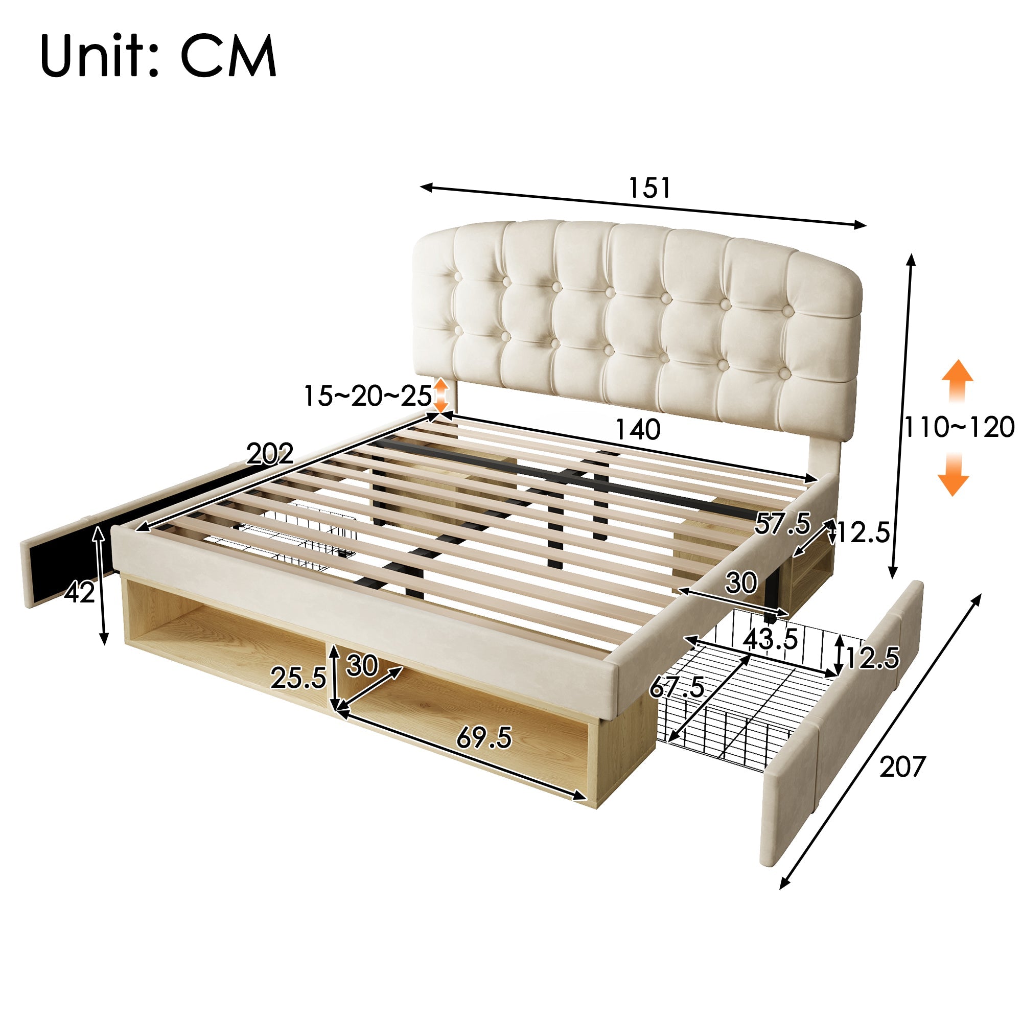 Upholstered Double Bed with Drawers, Storage and Adjustable Headboard, 140x200cm, Beige Velvet