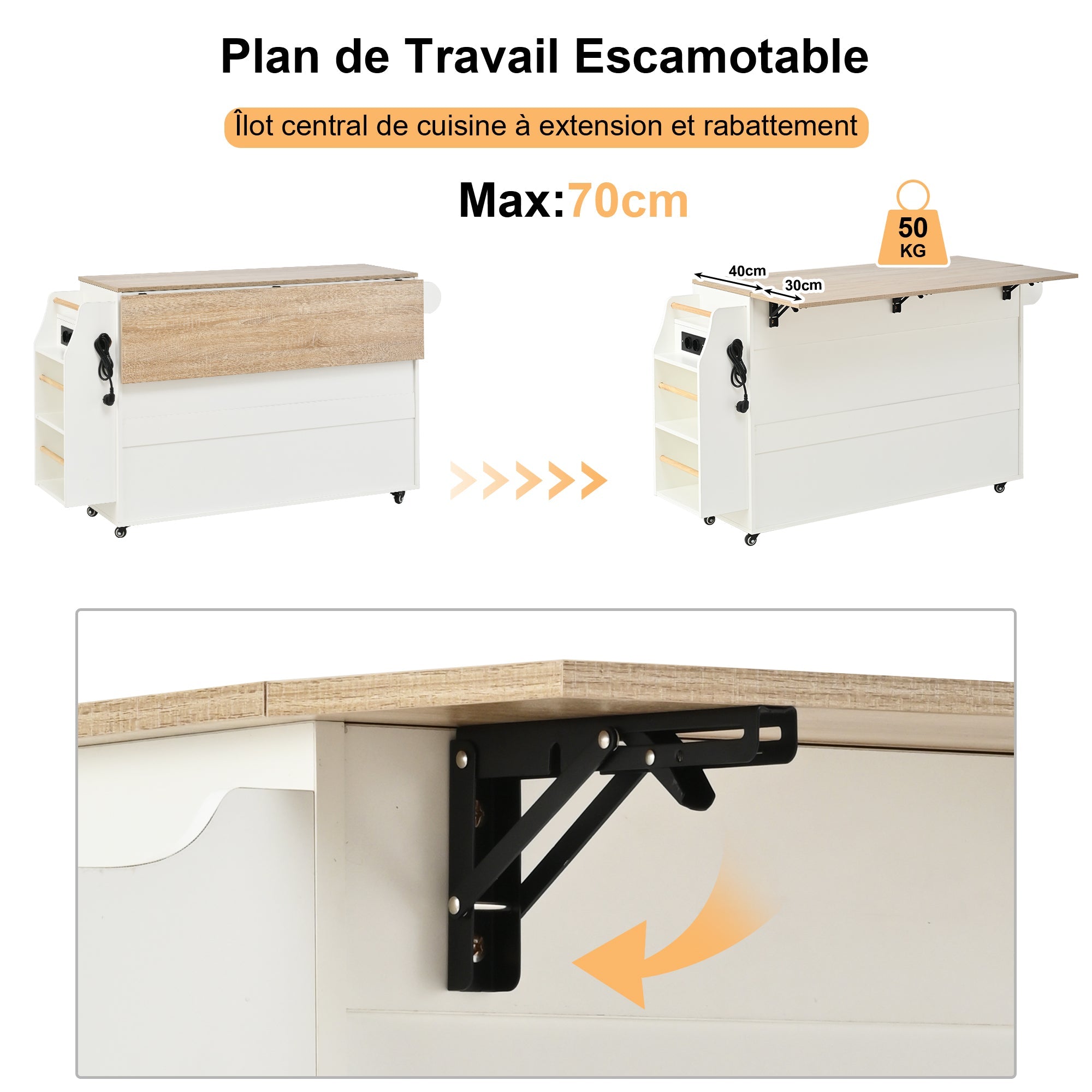 Kitchen Island Extendable Worktop Waste Bin Power Strips Mobile