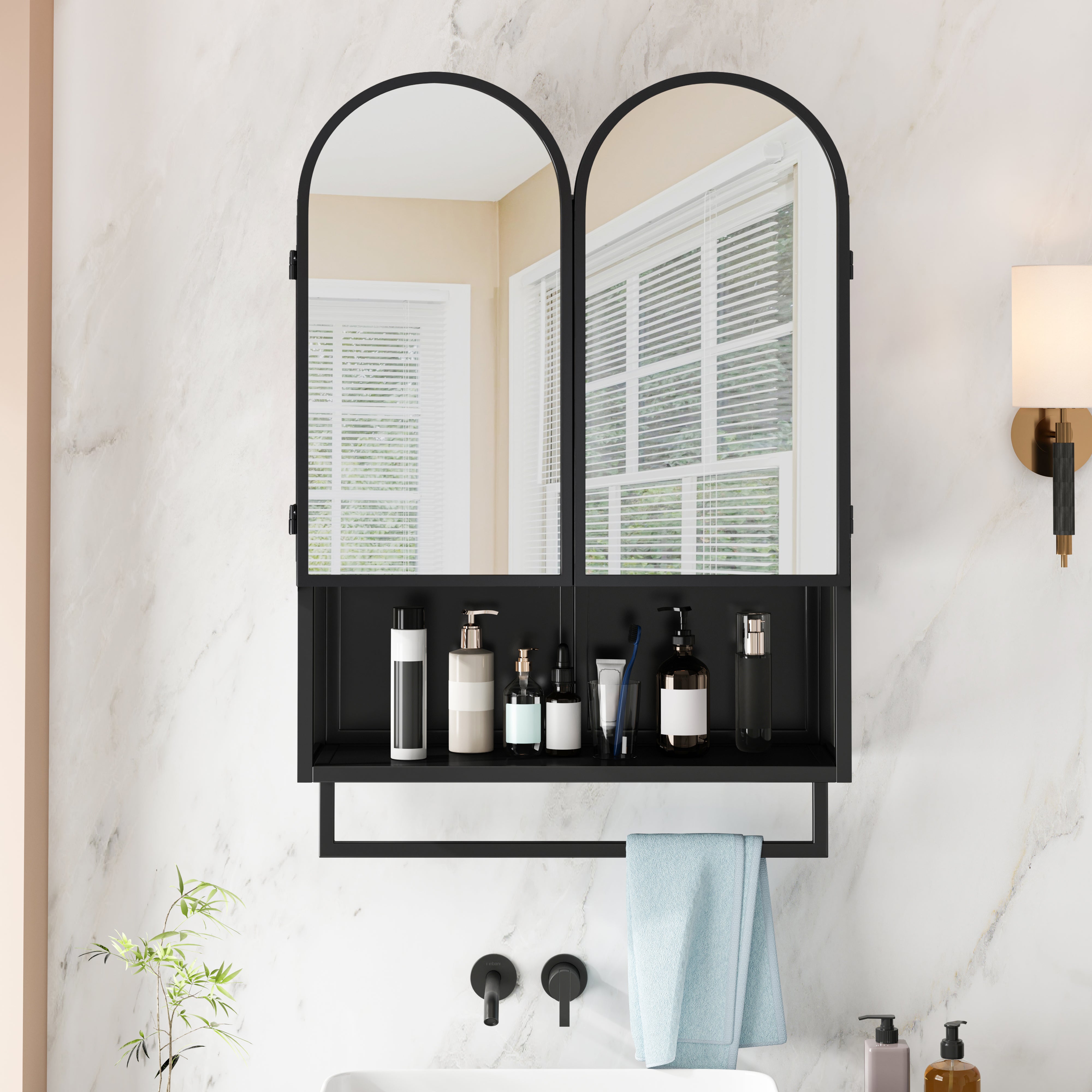 Mirror Cabinet 60CM Double-Arched 2 Doors Open Shelf Metal Black