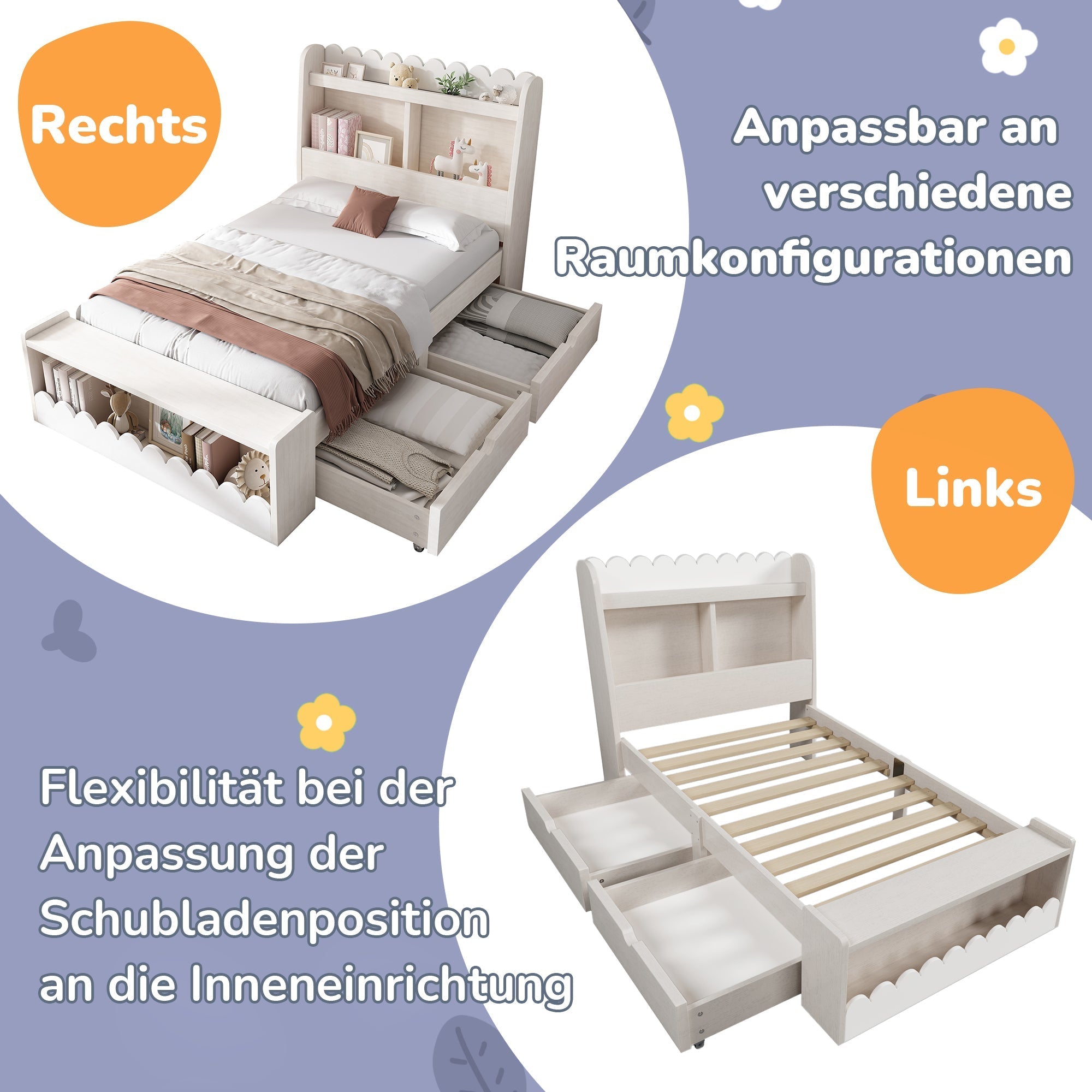 Children's Single Bed, Storage with Drawers, Shelf, Bench, Wood, White Oak