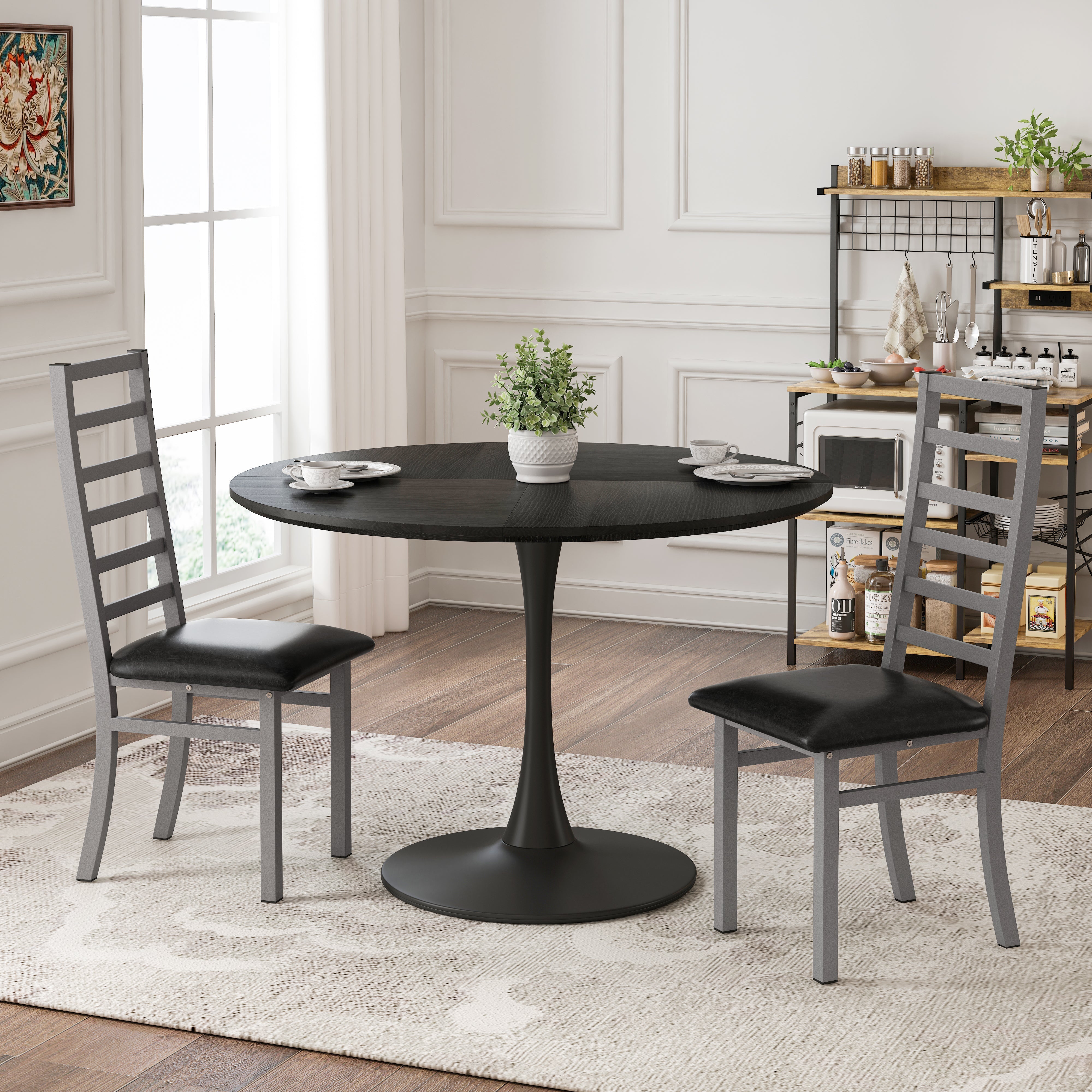 Metal Dining Chairs, Set of 2, High Back Armless, Steel & PU Leather, Grey