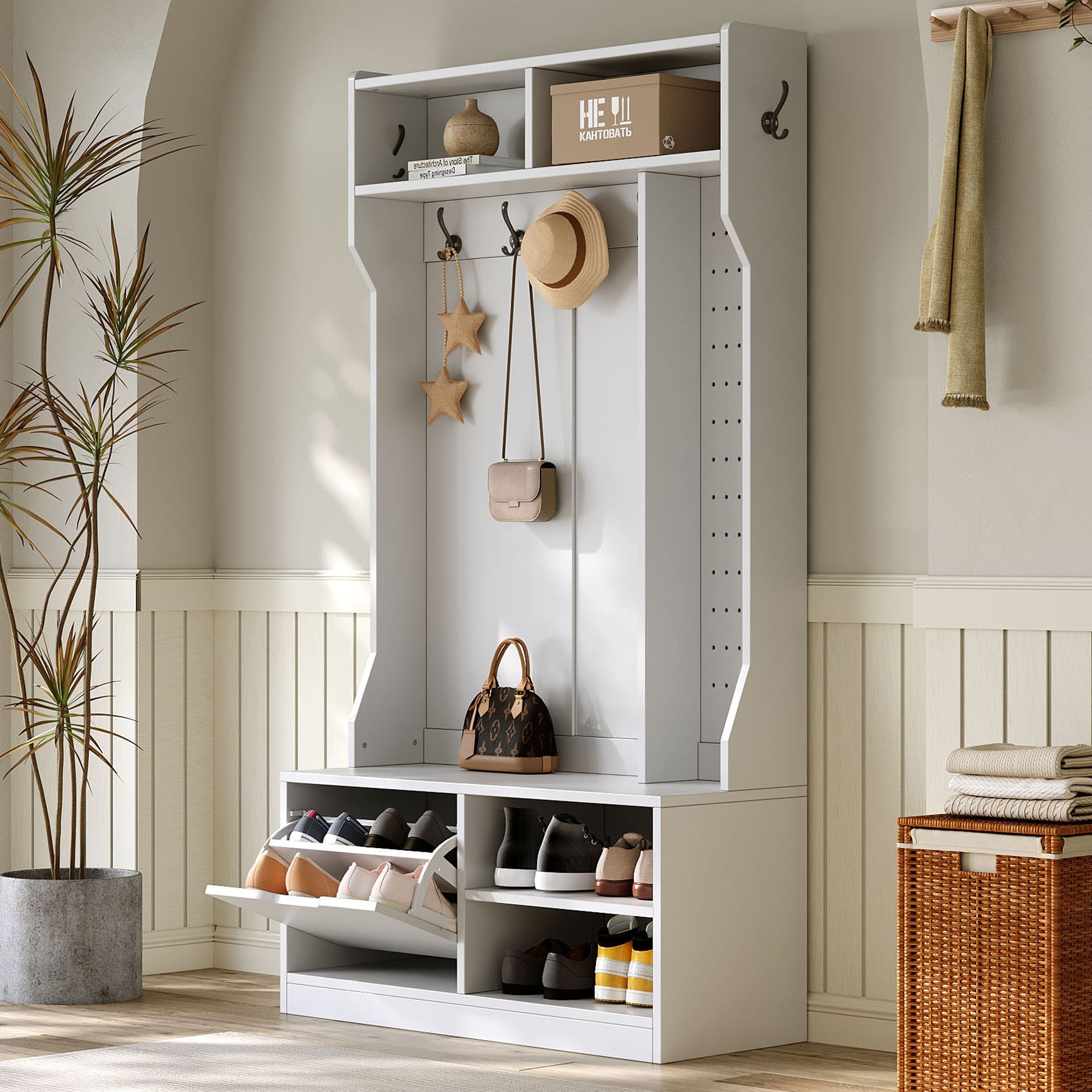 Wardrobe Set Hallway with Bench 6 Hooks 1 Door 4 Storage - White