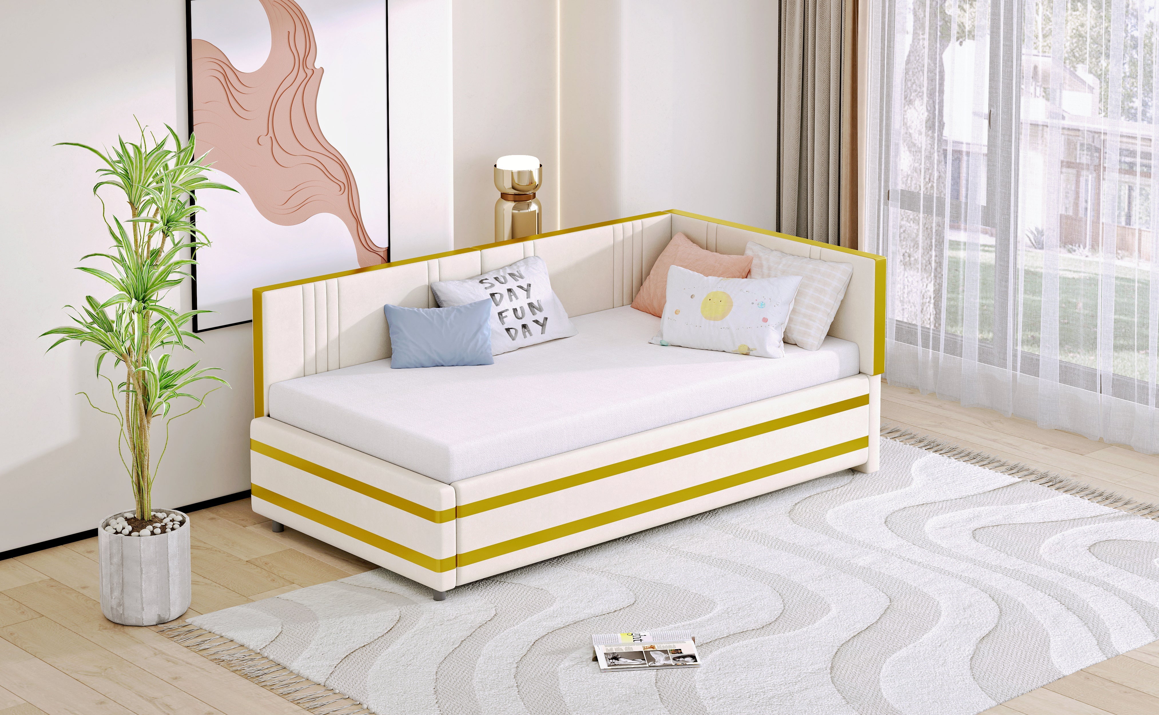 Upholstered Bed Sofa Bed 90*200 Multifunctional with Slatted Frame, Velvet Beige