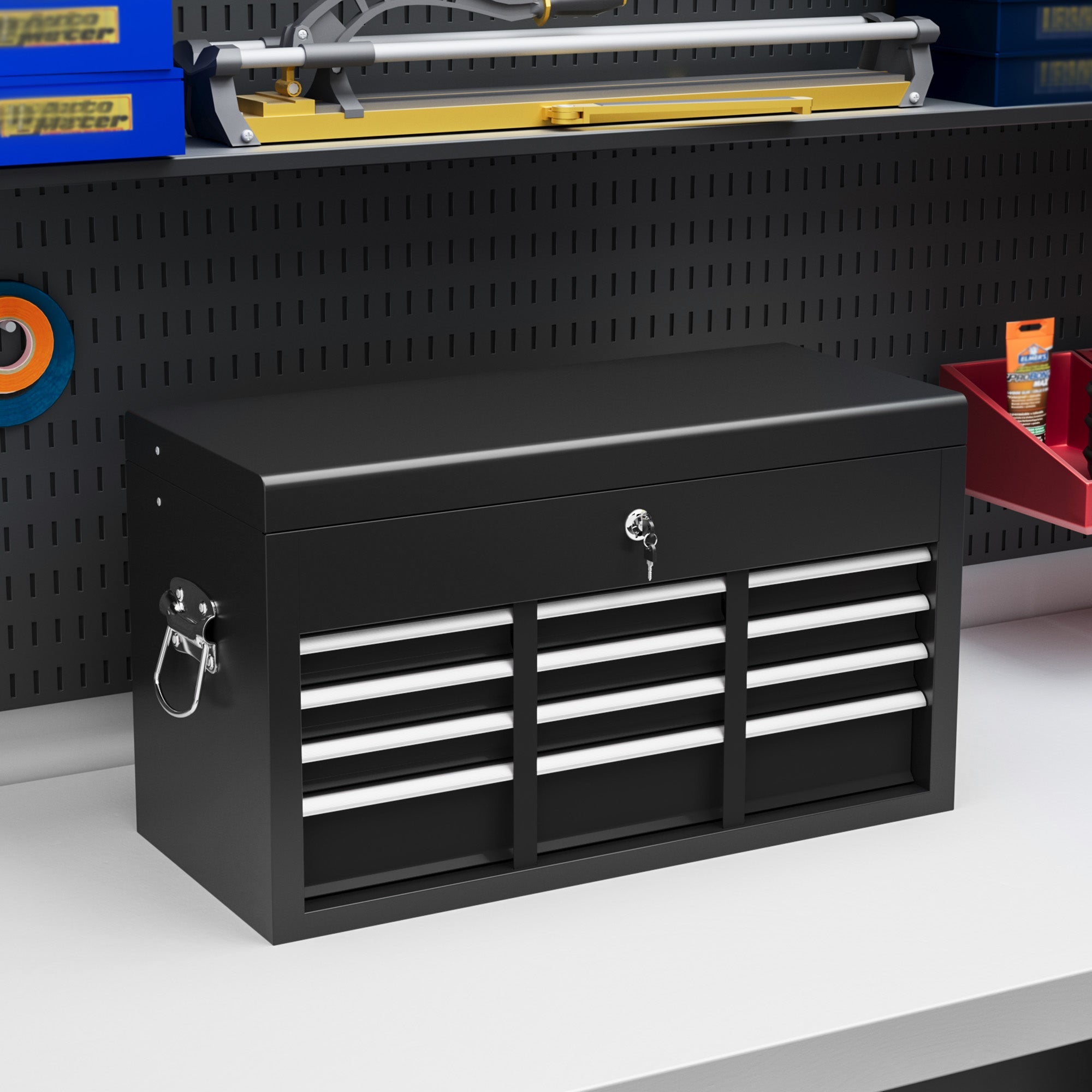 Tool box with 6 drawers, lock and handle, steel black
