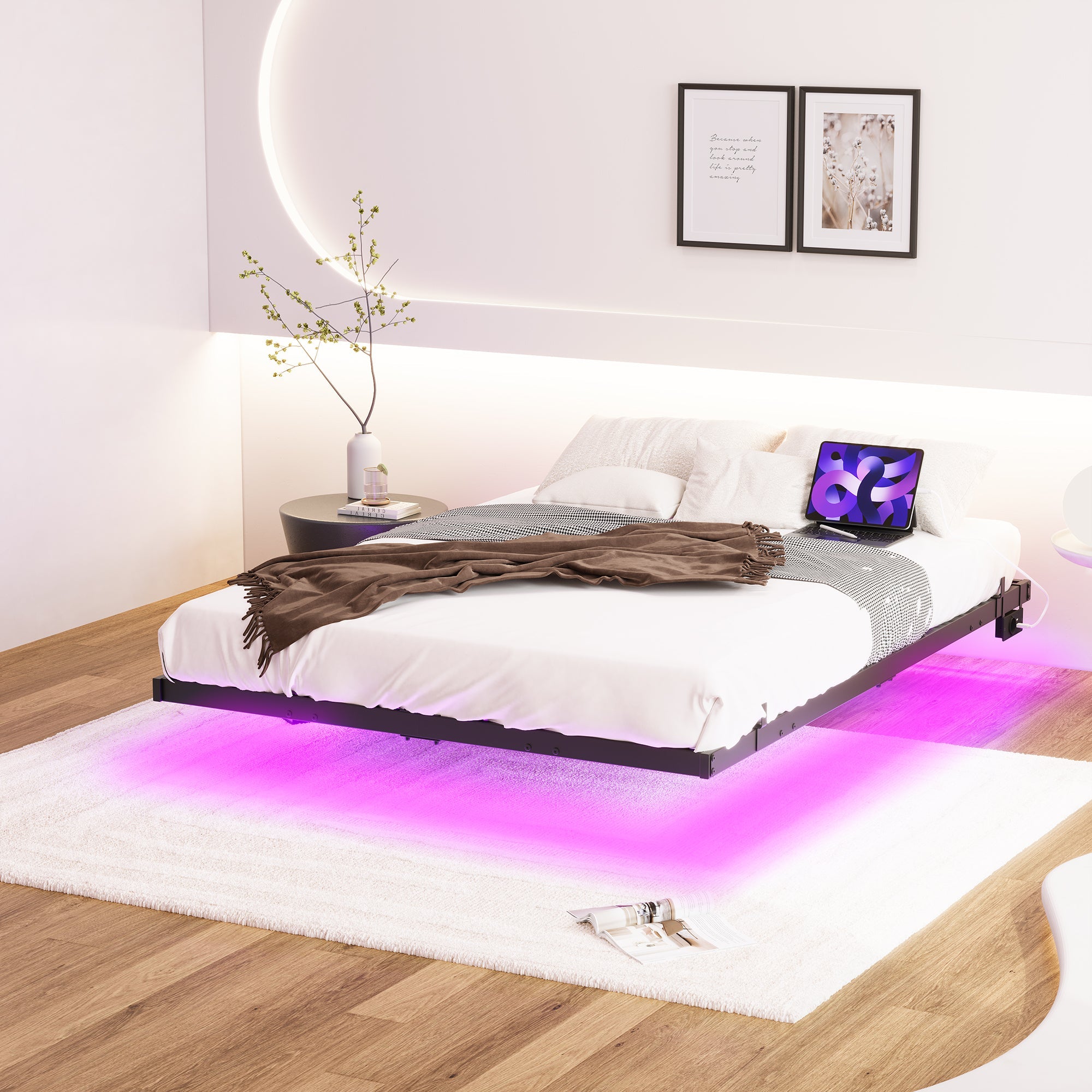 Floating Bed Frame 120x200cm LED Charging Station Metal - Black
