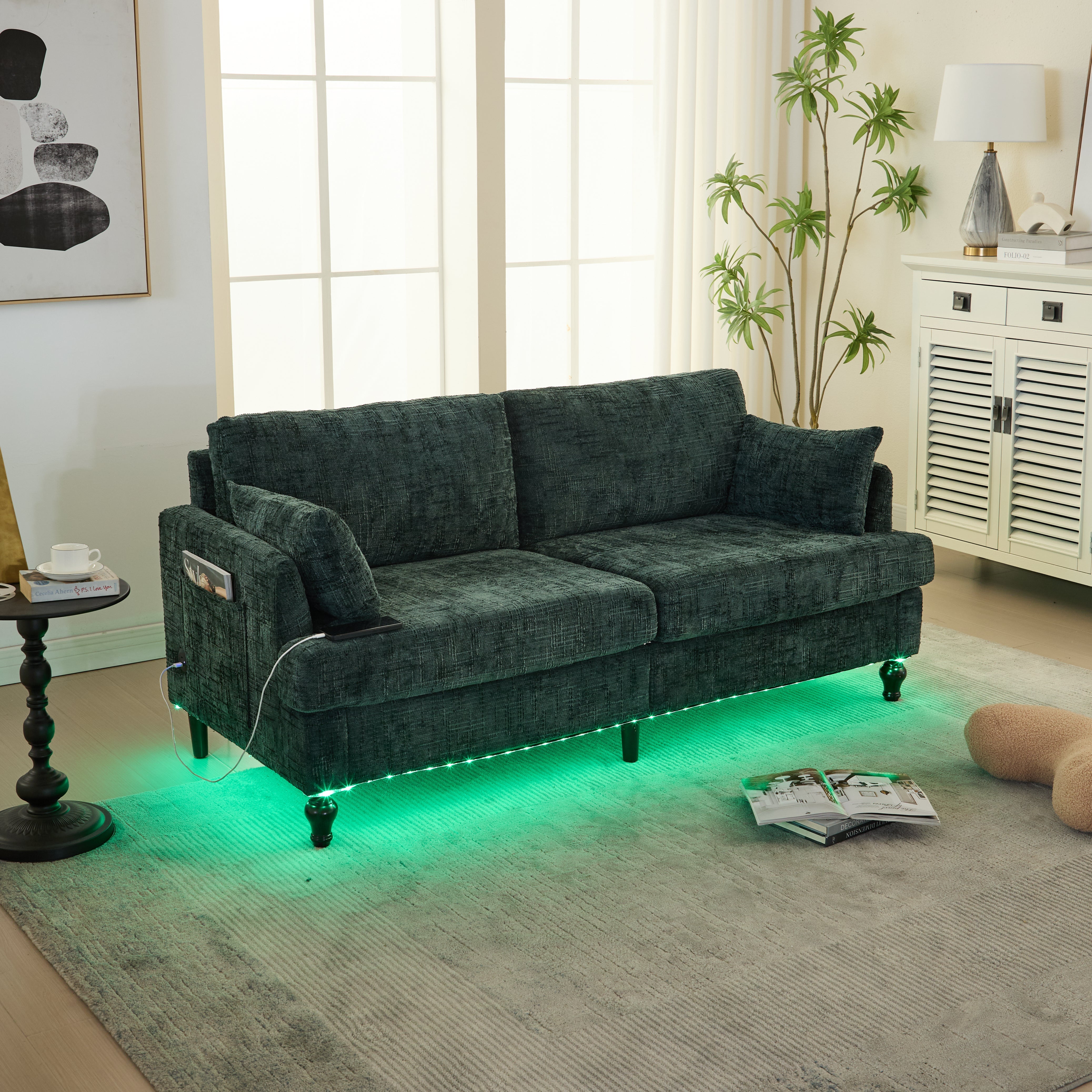 Sofa, Modern 2-Seater with LED Light, USB Port, Storage Bag, Chenille