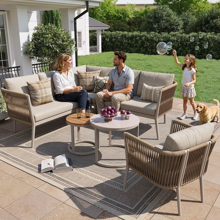 Garden Lounge Set for 5-6 People, 6-Piece Modular Corner Outdoor Sofa with Waterproof Cushions, PE Rattan Beige